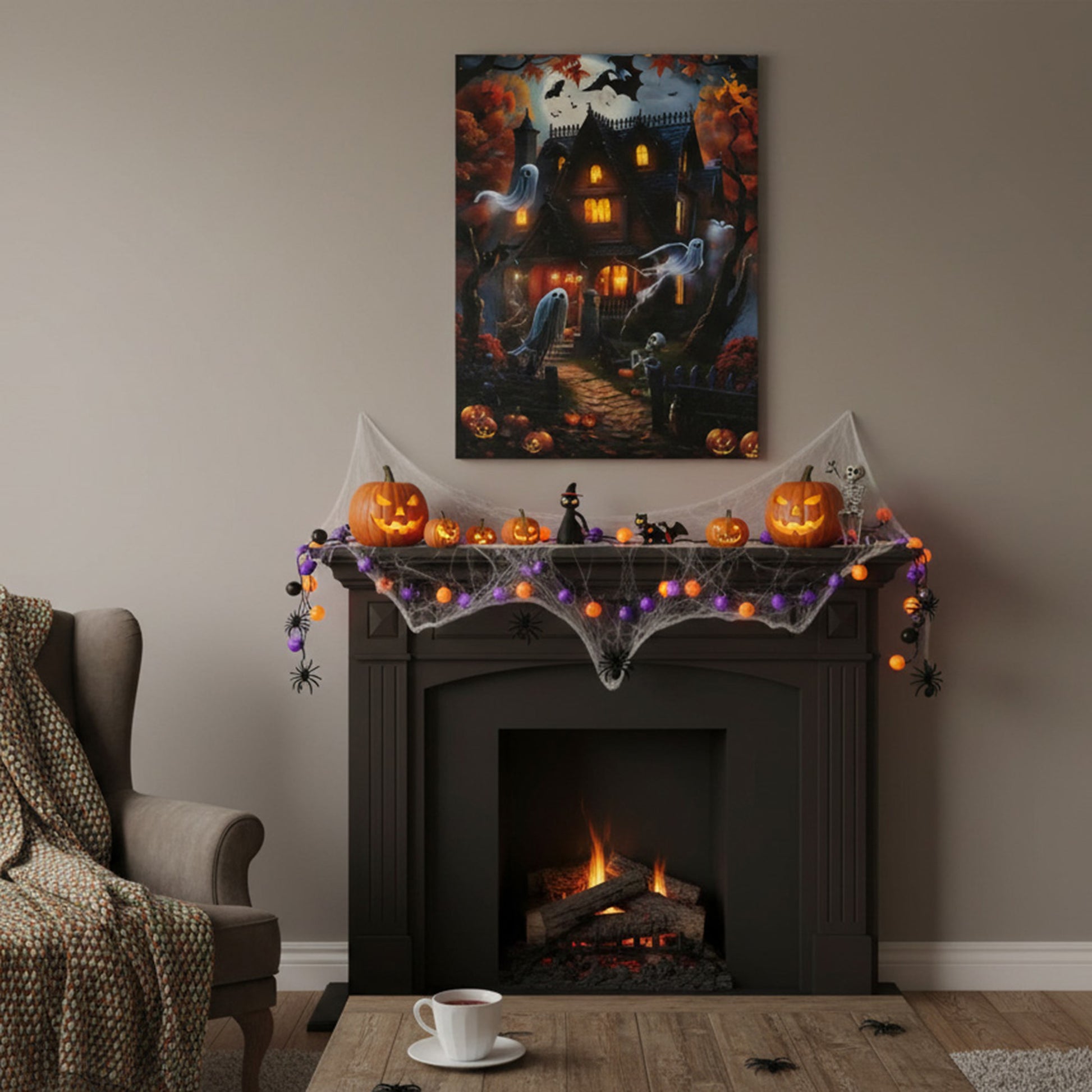 LED Canvas Wall Art Haunted House Ghosts and Bats, Wall Decor, Holiday Decor