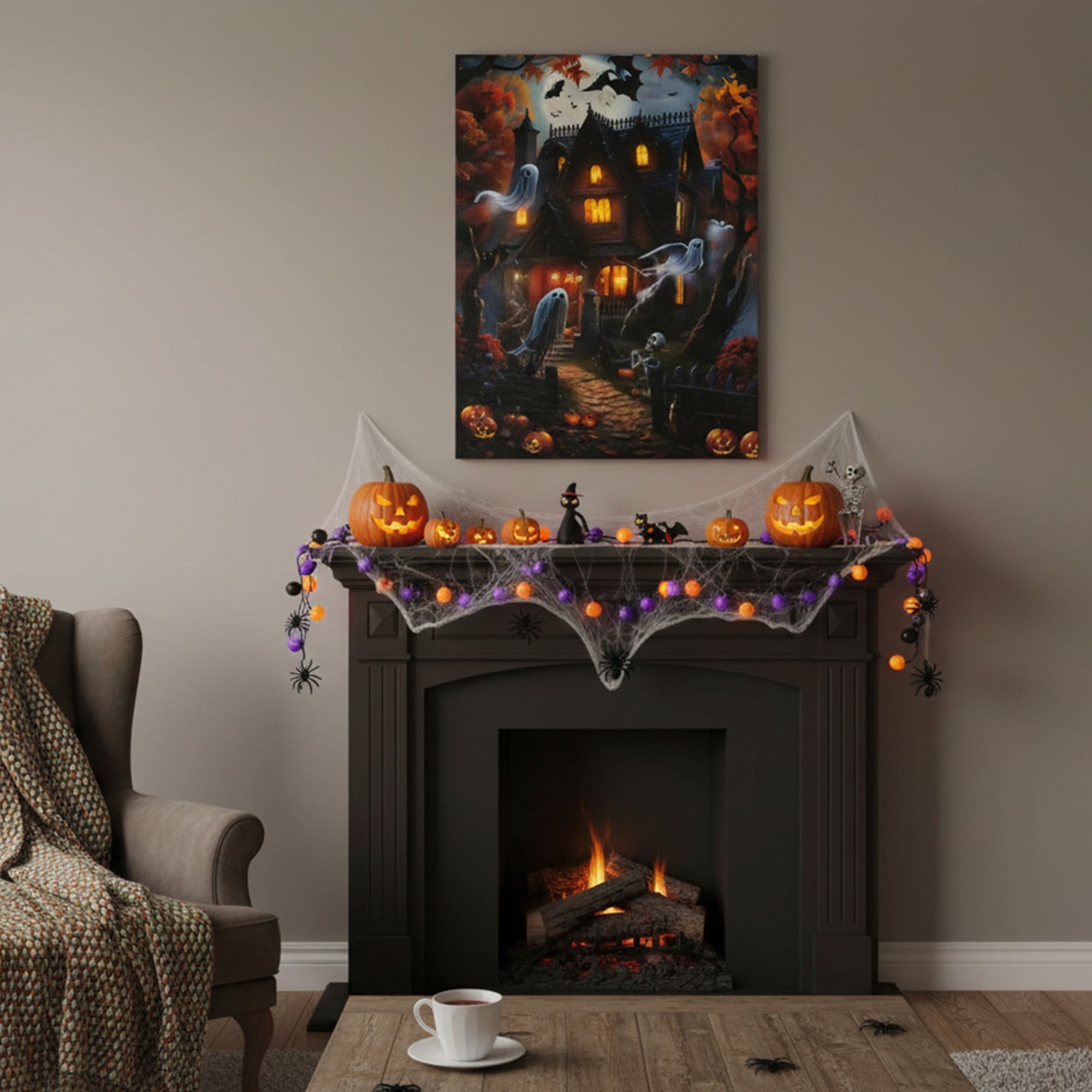 LED Canvas Wall Art Haunted House Ghosts and Bats, Wall Decor, Holiday Decor