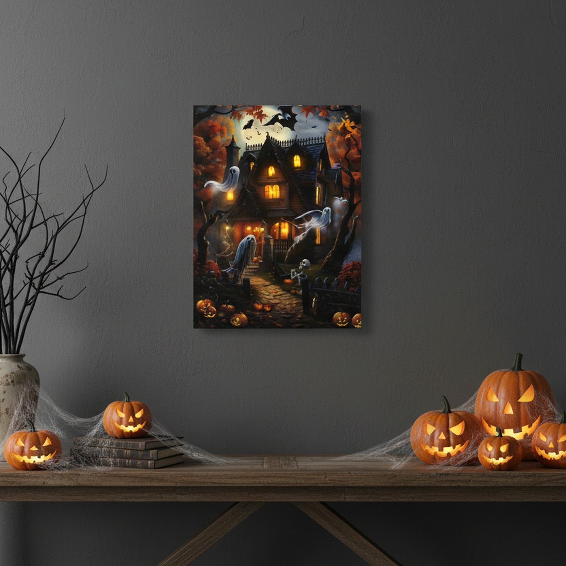 LED Canvas Wall Art Haunted House Ghosts and Bats, Wall Decor, Holiday Decor