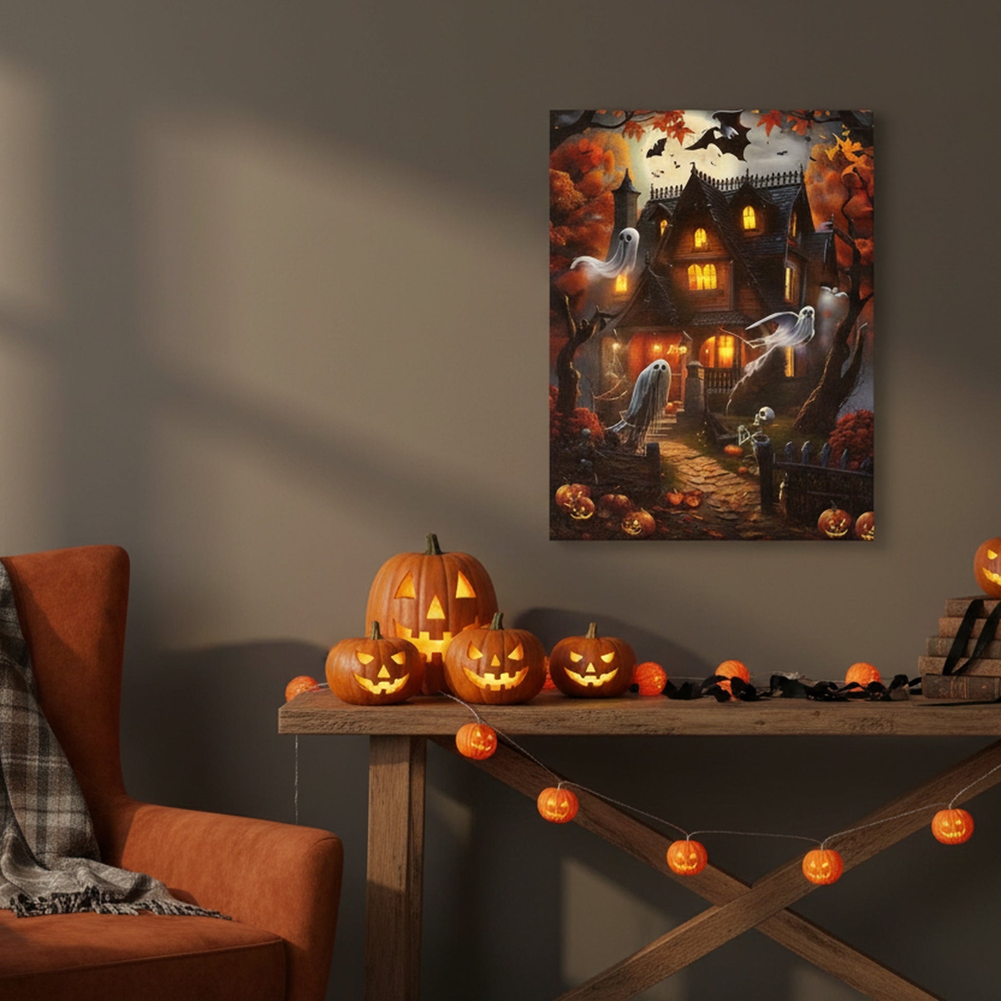 LED Canvas Wall Art Haunted House Ghosts and Bats, Wall Decor, Holiday Decor