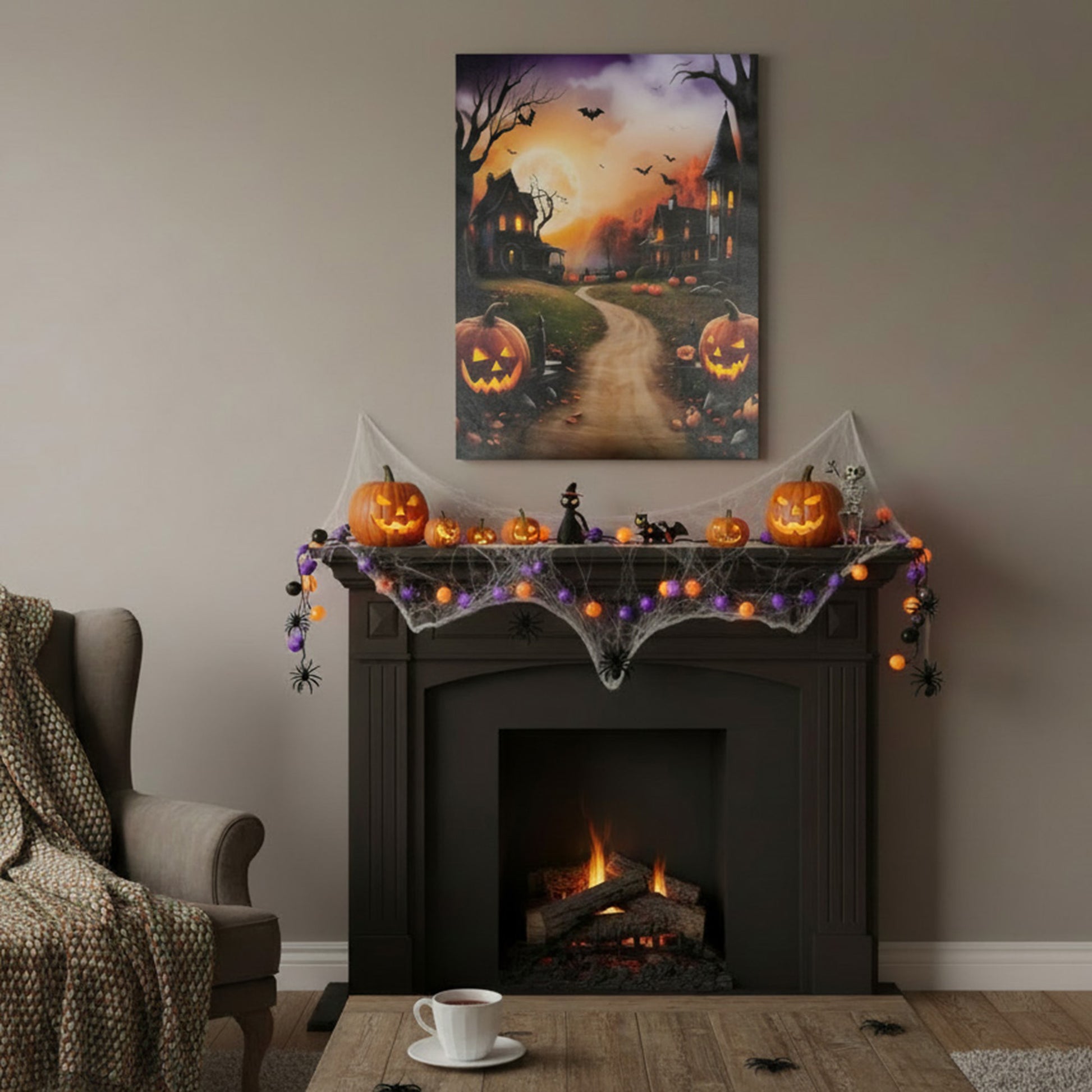 LED Canvas Wall Art Orange Sky Street Pumpkin, Fall Harvest, Wall Decor, Holiday Decor- Set of 2