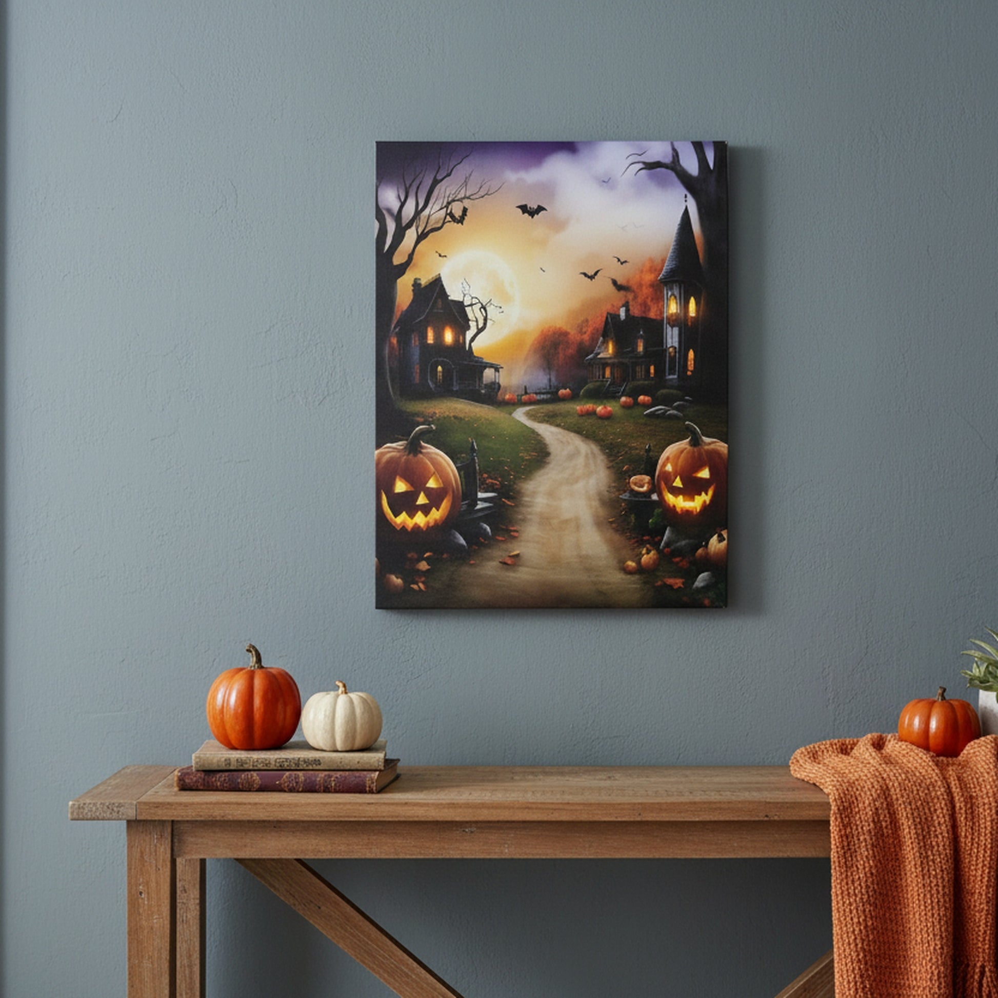 LED Canvas Wall Art Orange Sky Street Pumpkin, Fall Harvest, Wall Decor, Holiday Decor- Set of 2