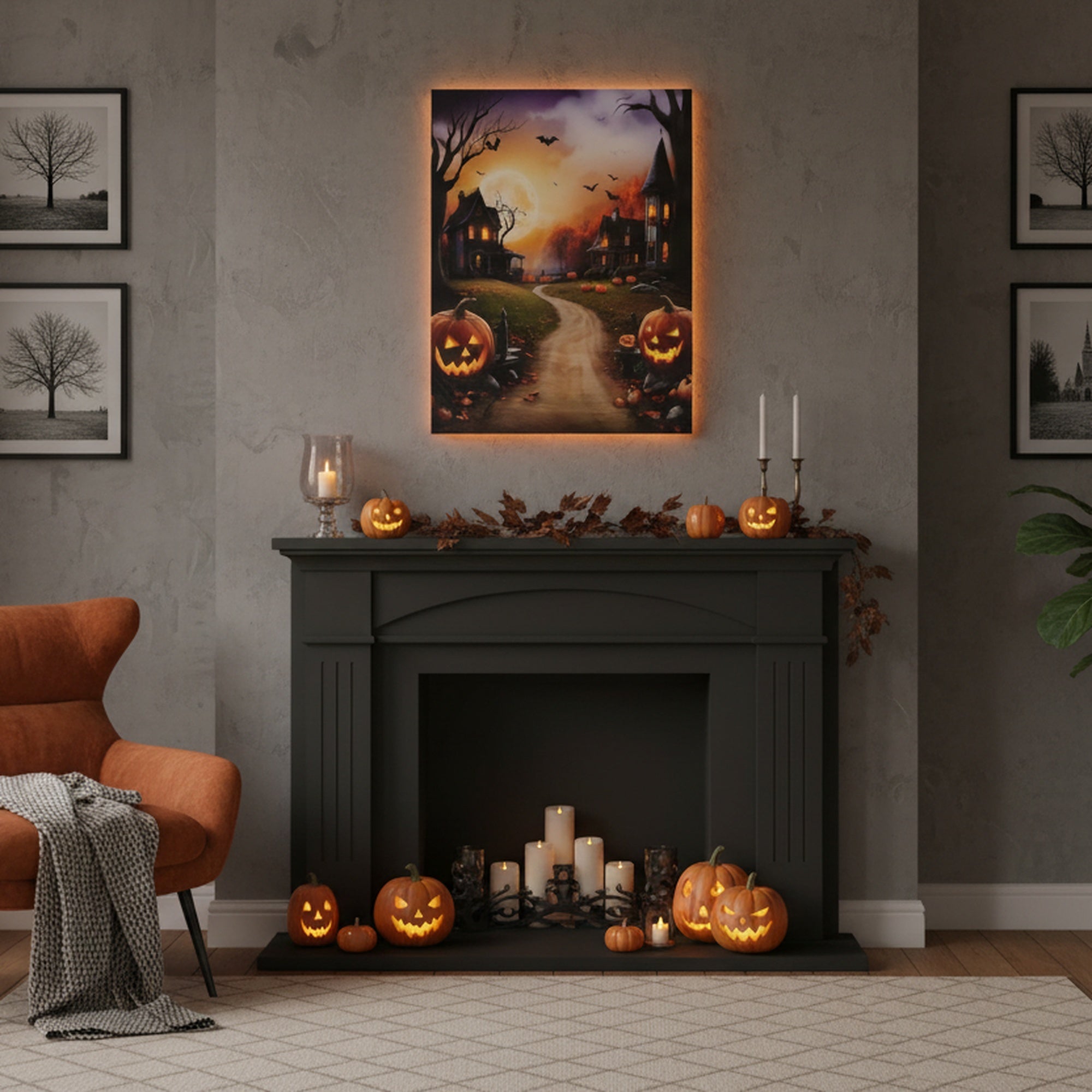 LED Canvas Wall Art Orange Sky Street Pumpkin, Fall Harvest, Wall Decor, Holiday Decor- Set of 2