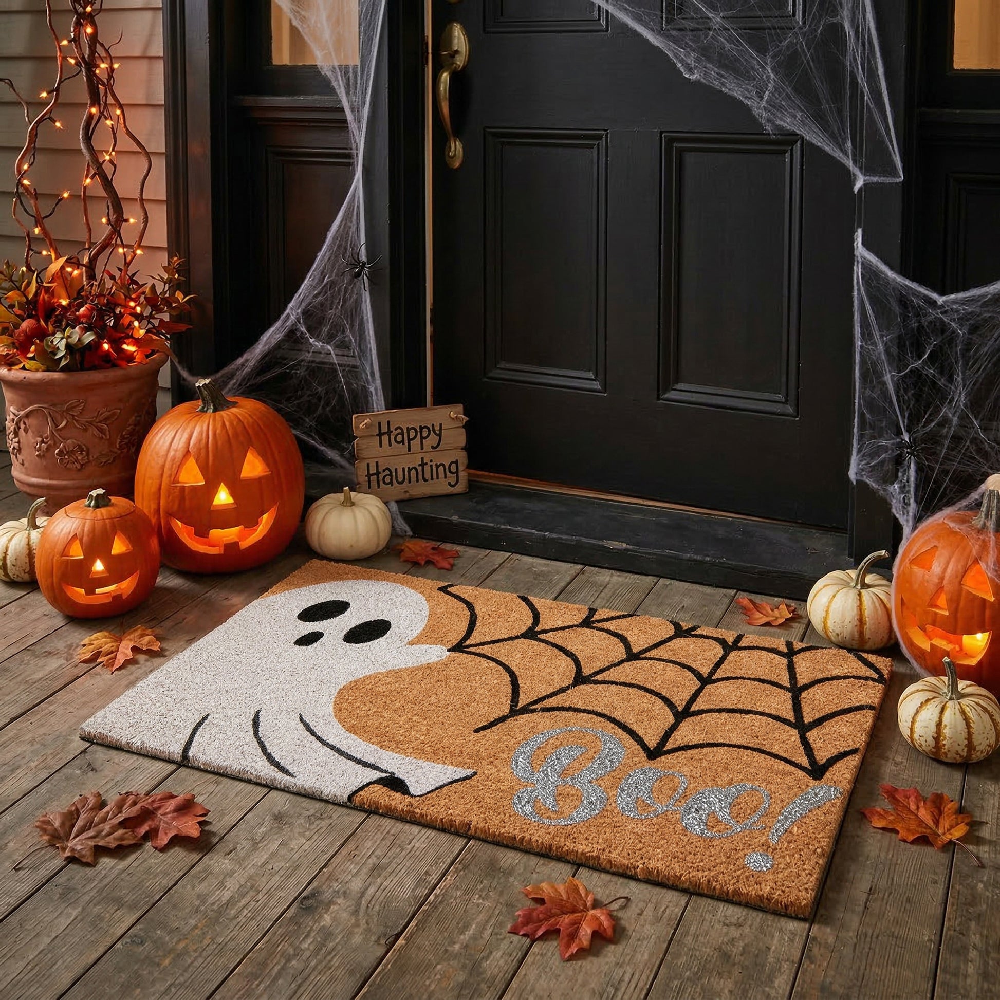 Coir Door Mat Ghost and Cobwebs Boo! with Glitter, Halloween, Door Mat, Holiday Decor