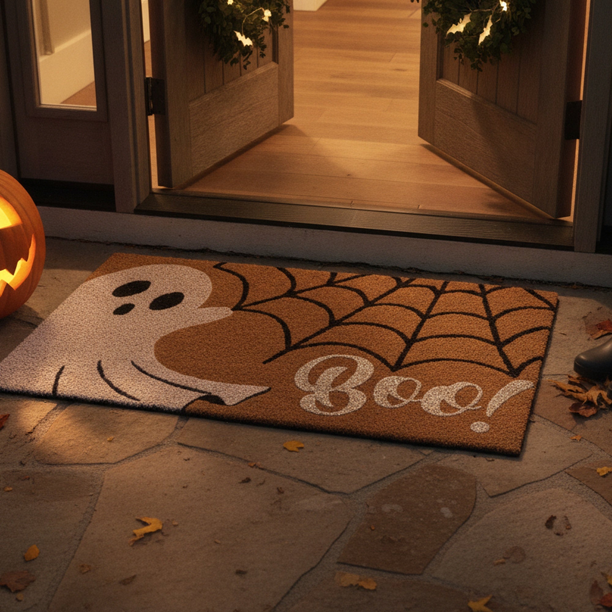 Coir Door Mat Ghost and Cobwebs Boo! with Glitter, Halloween, Door Mat, Holiday Decor