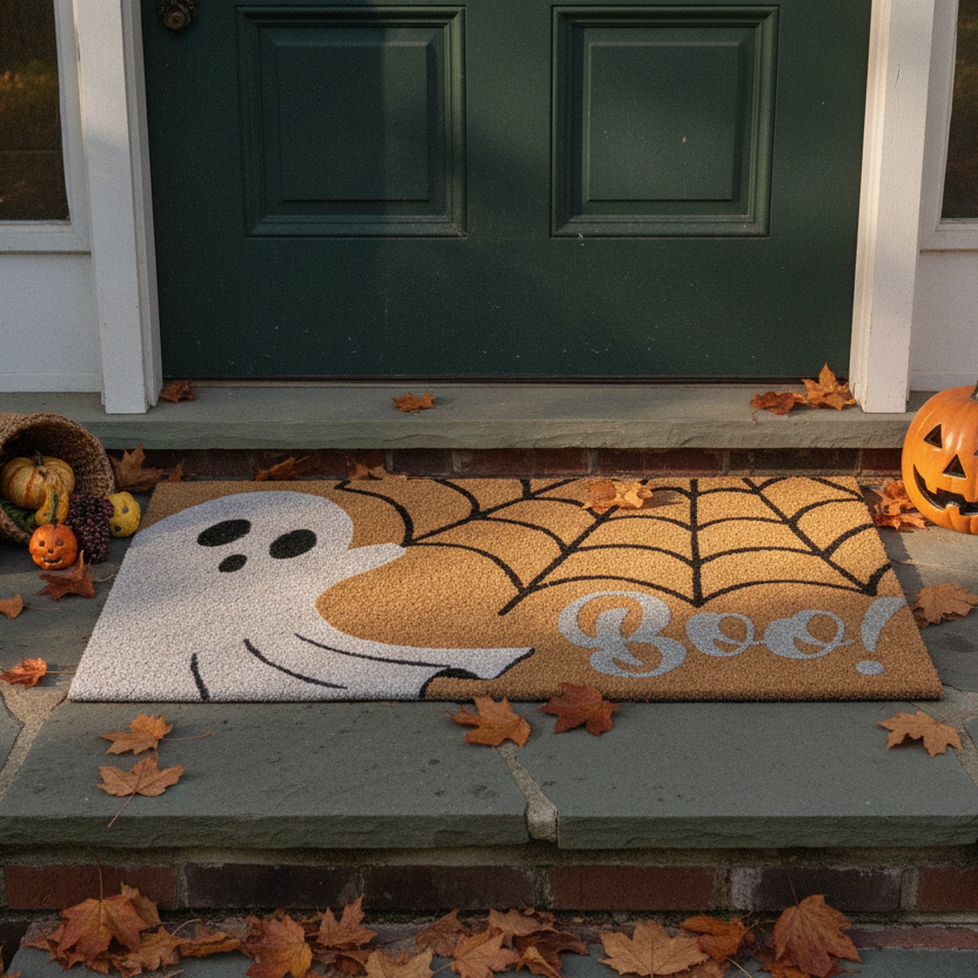 Coir Door Mat Ghost and Cobwebs Boo! with Glitter, Halloween, Door Mat, Holiday Decor
