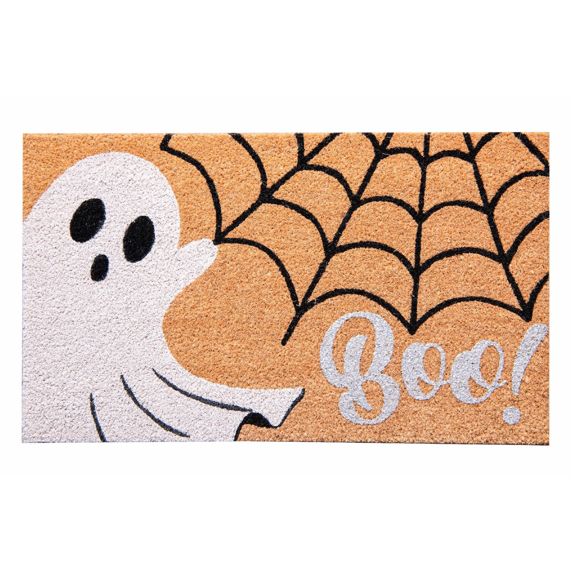 Coir Door Mat Ghost and Cobwebs Boo! with Glitter, Halloween, Door Mat, Holiday Decor