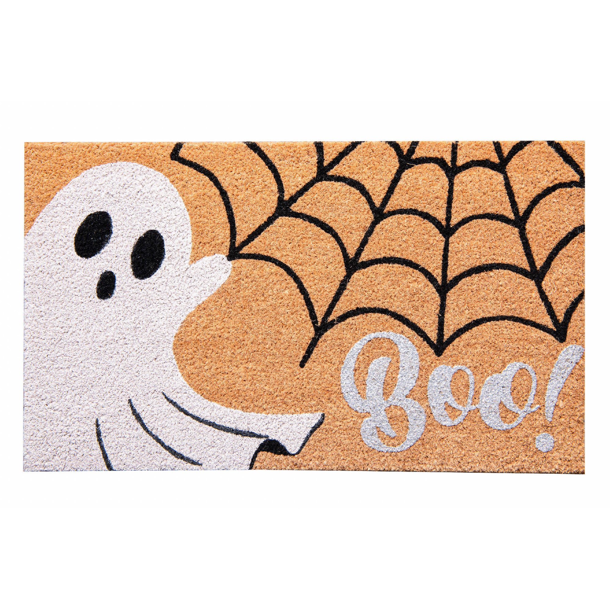 Coir Door Mat Ghost and Cobwebs Boo! with Glitter, Halloween, Door Mat, Holiday Decor