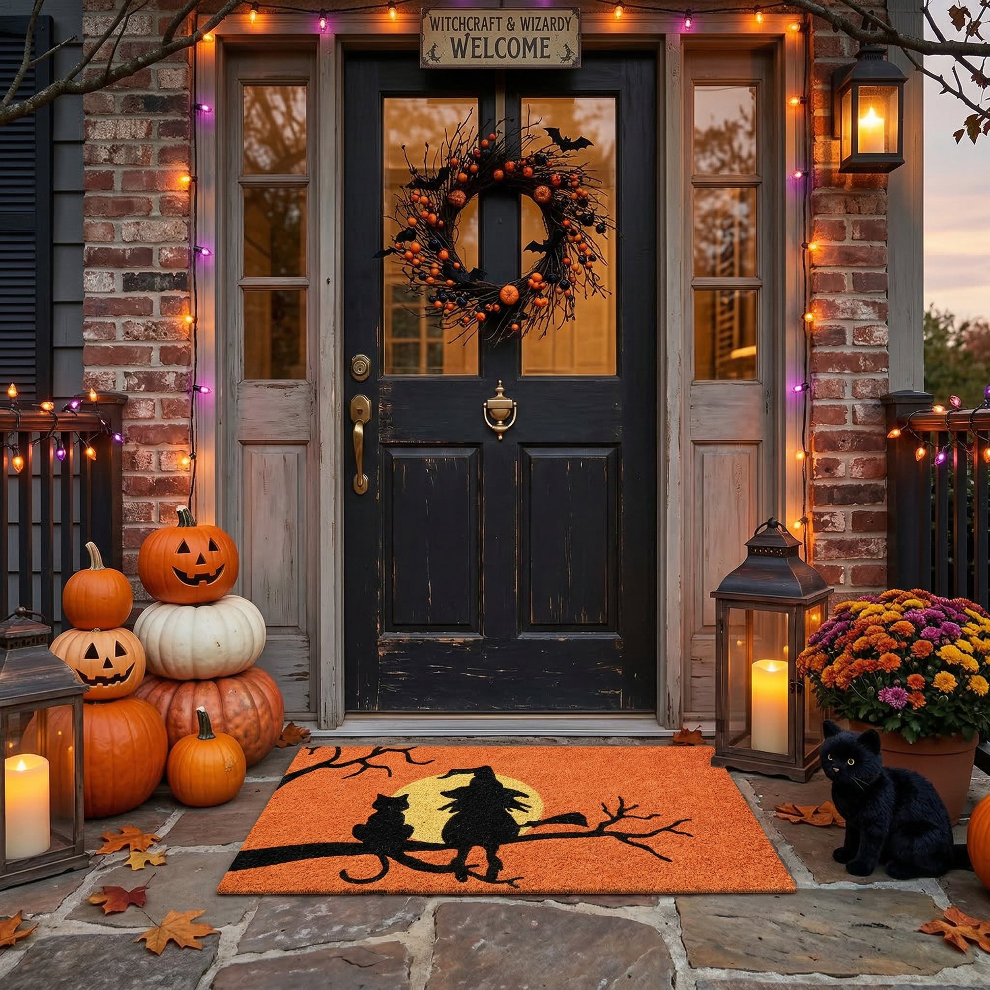 Coir Door Mat Witch, Cat, and Moon, Halloween, Door Mat, Holiday Decor