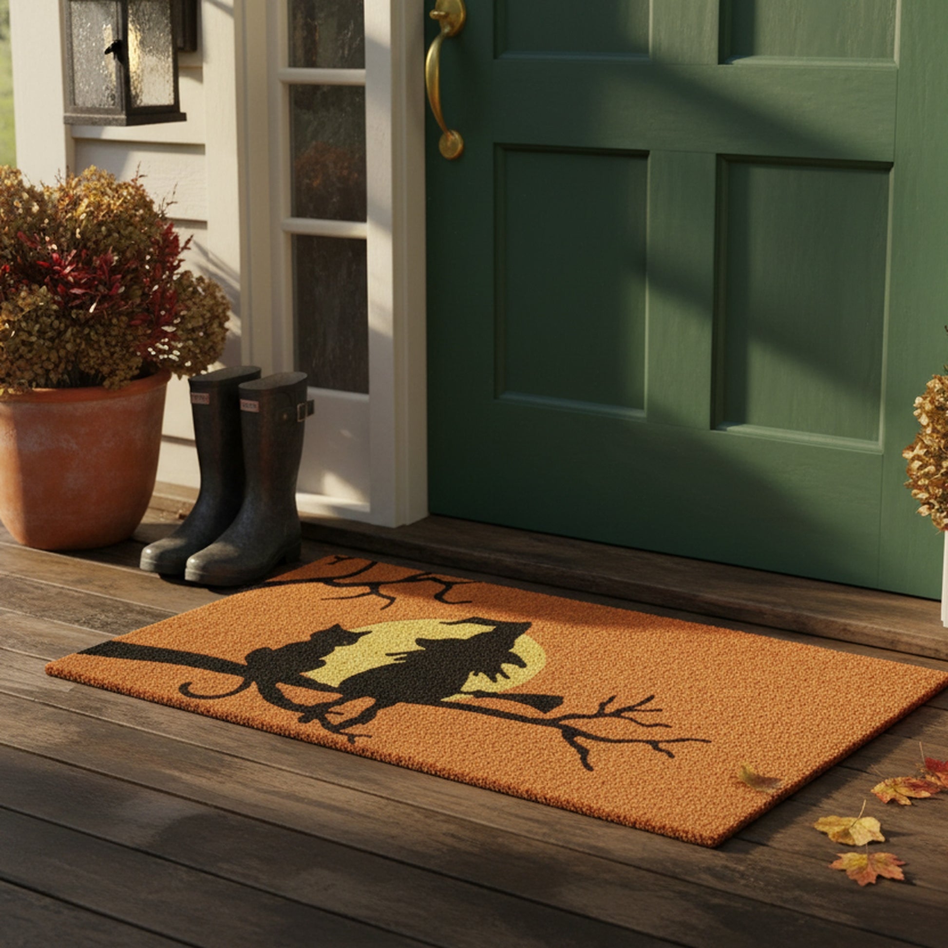 Coir Door Mat Witch, Cat, and Moon, Halloween, Door Mat, Holiday Decor