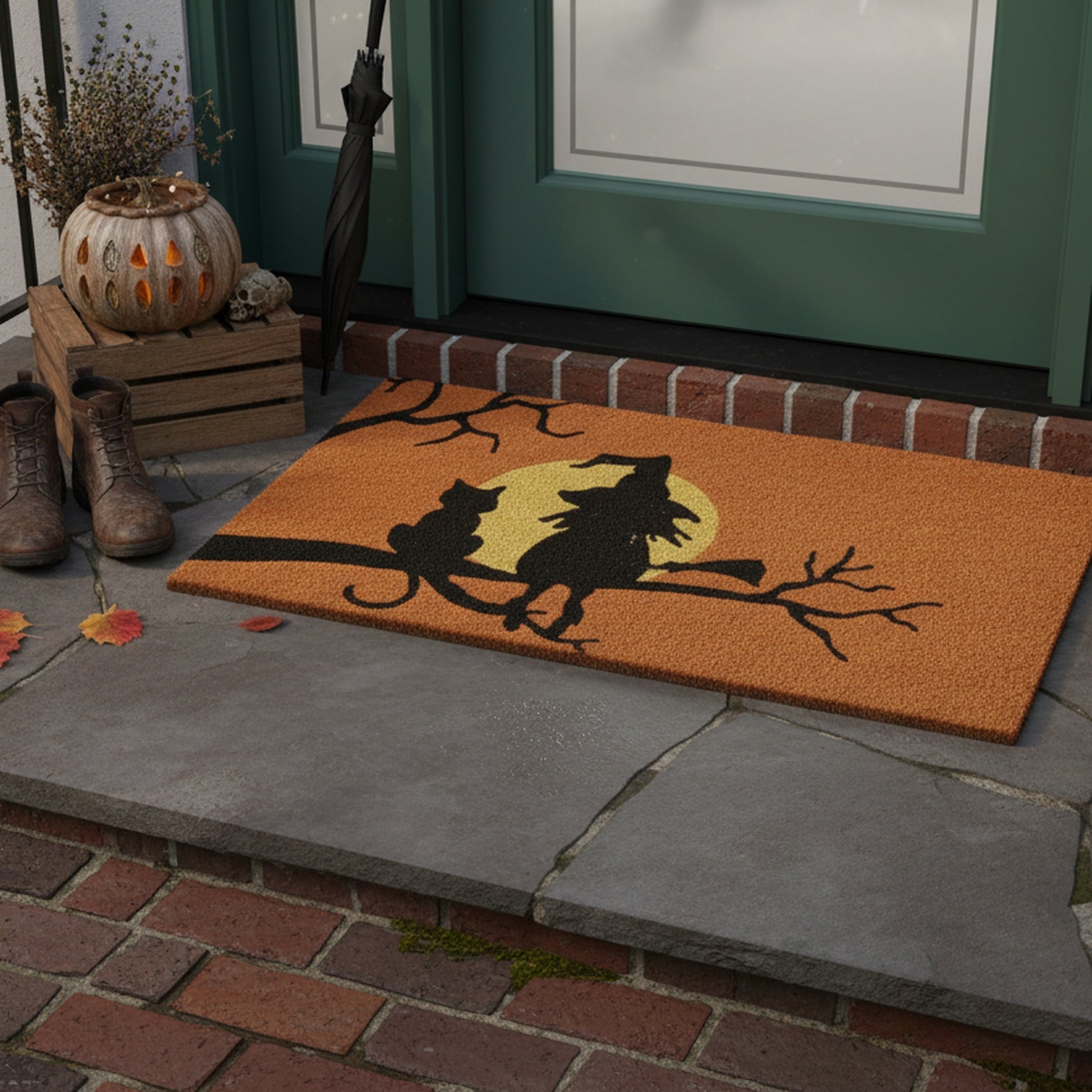 Coir Door Mat Witch, Cat, and Moon, Halloween, Door Mat, Holiday Decor