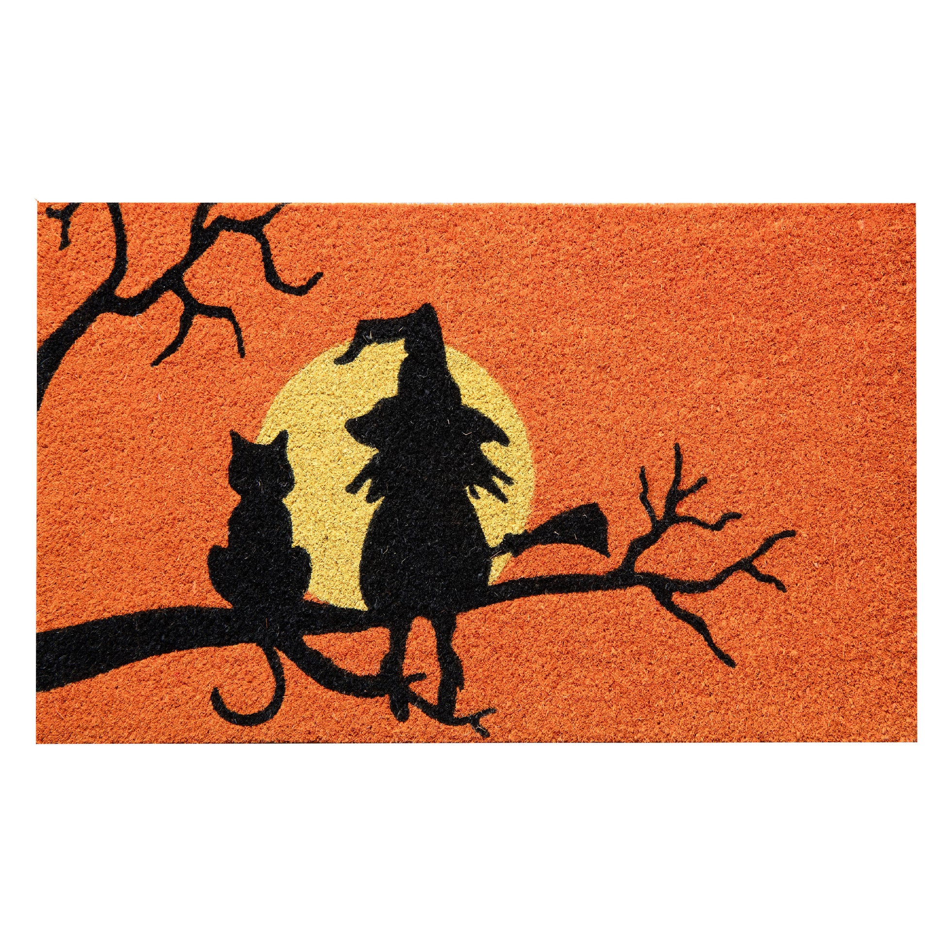 Coir Door Mat Witch, Cat, and Moon, Halloween, Door Mat, Holiday Decor
