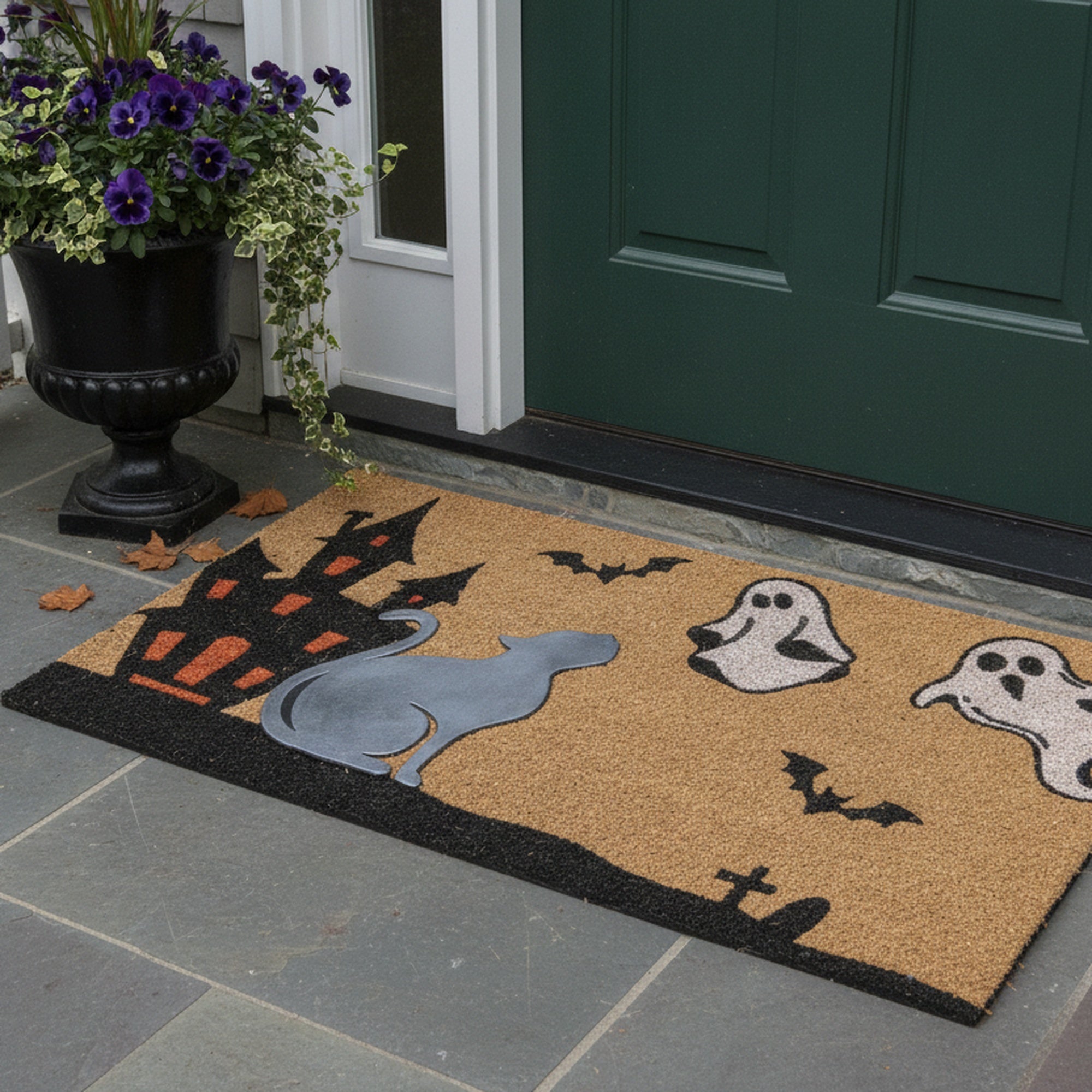 Coir Mat with Rubber Accent Ghosts with Cat Accent, Door Mat, Holiday Decor