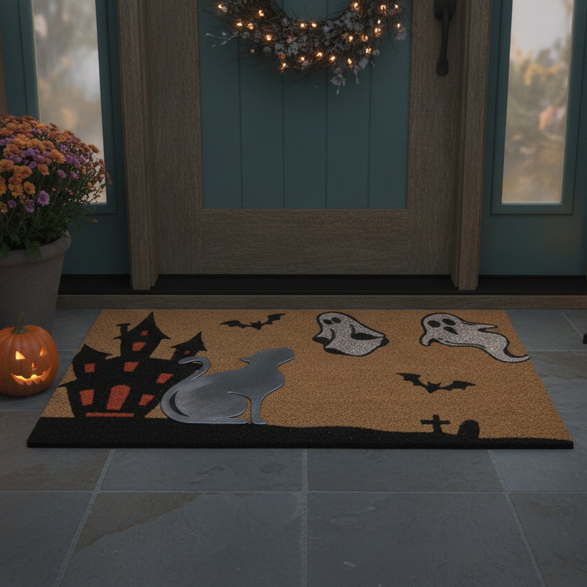 Coir Mat with Rubber Accent Ghosts with Cat Accent, Door Mat, Holiday Decor