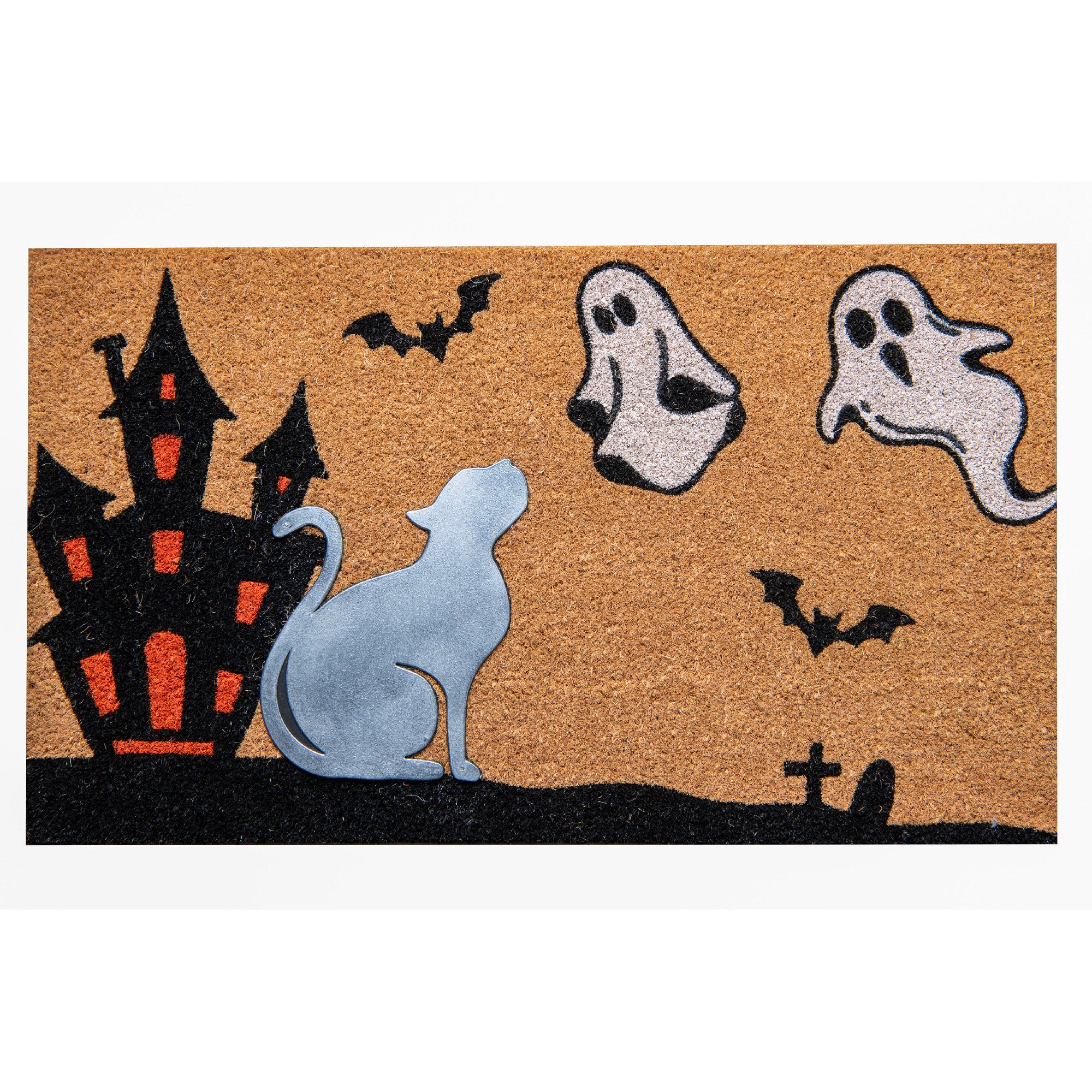 Coir Mat with Rubber Accent Ghosts with Cat Accent, Door Mat, Holiday Decor