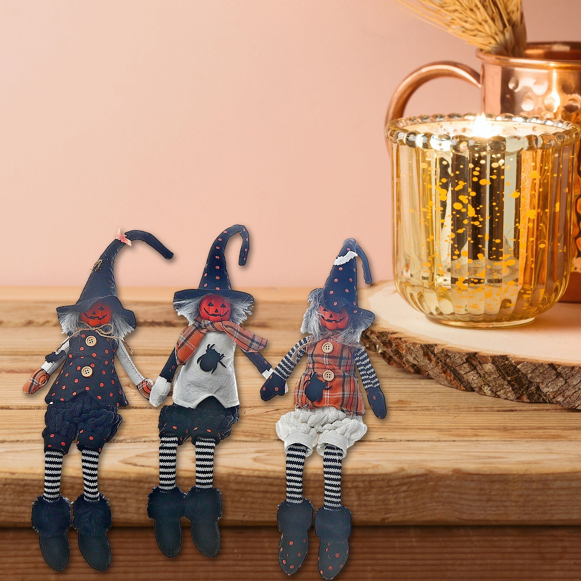 Cotton Sitting Witch Figurine, Halloween Decoration, Spooky Tabletop Decor - Set Of 3