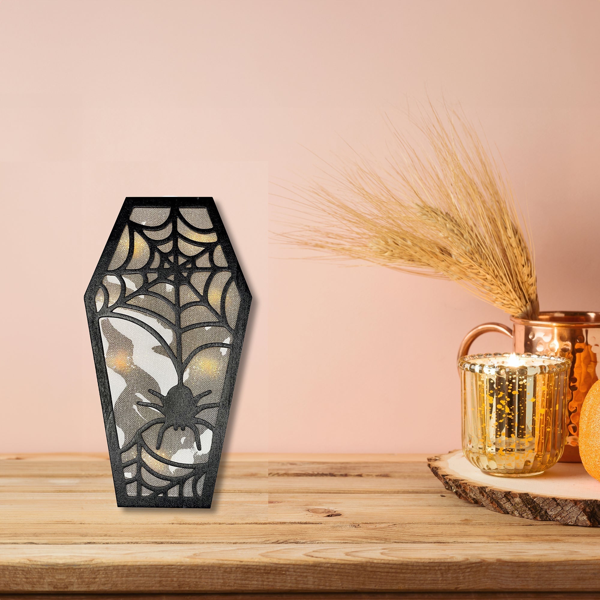 LED Coffin Decor Spider Web with Timer – Halloween Tabletop Decoration, Illuminated Spooky Accent, Seasonal Holiday Decor