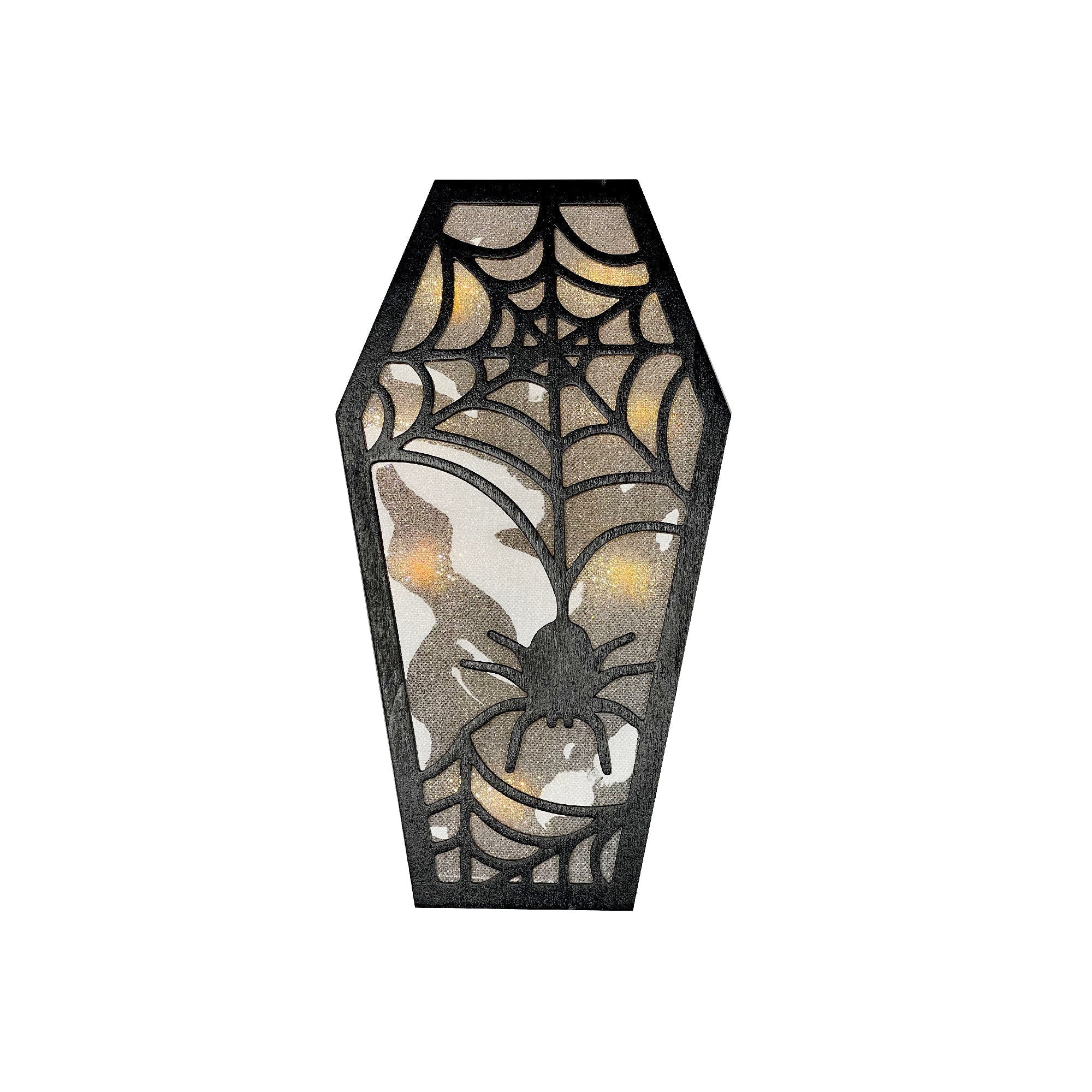 LED Coffin Decor Spider Web with Timer – Halloween Tabletop Decoration, Illuminated Spooky Accent, Seasonal Holiday Decor