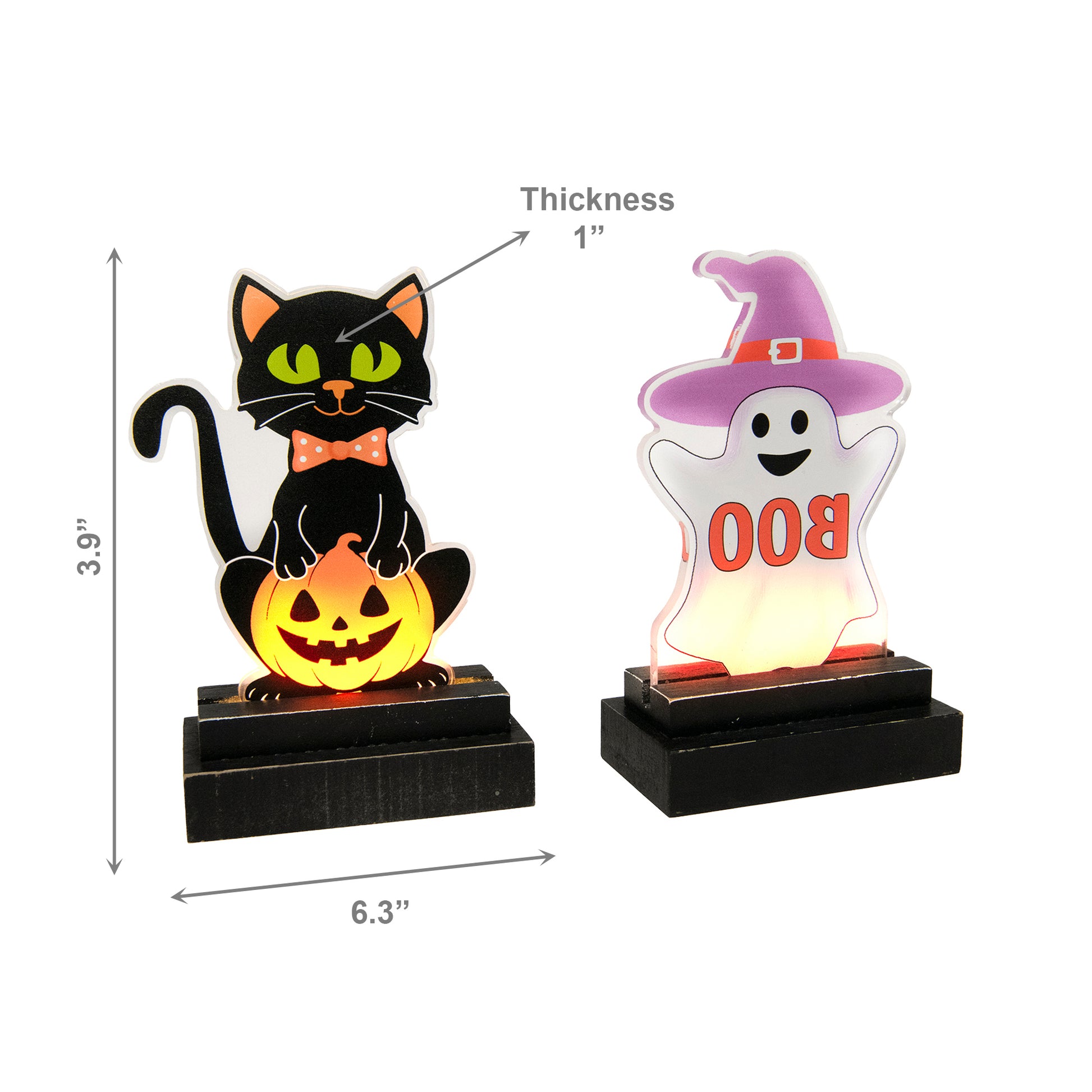 LED Acrylic Decor with Wood Base Cat and Ghost Assorted, Halloween, Holiday Decor- Set of 2