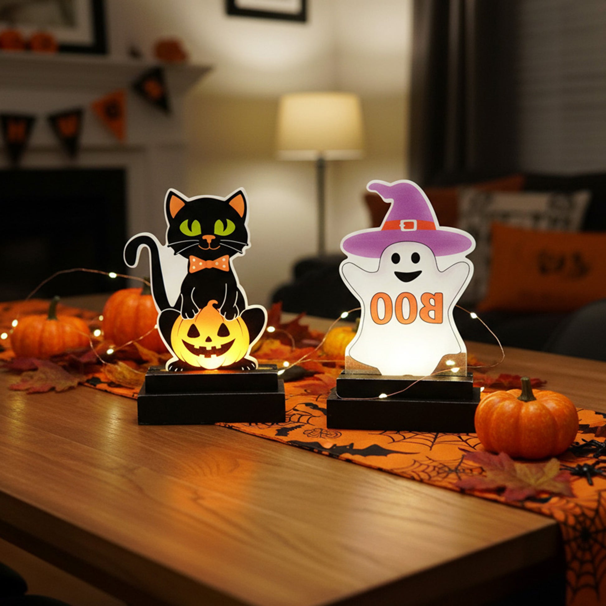 LED Acrylic Decor with Wood Base Cat and Ghost Assorted, Halloween, Holiday Decor- Set of 2