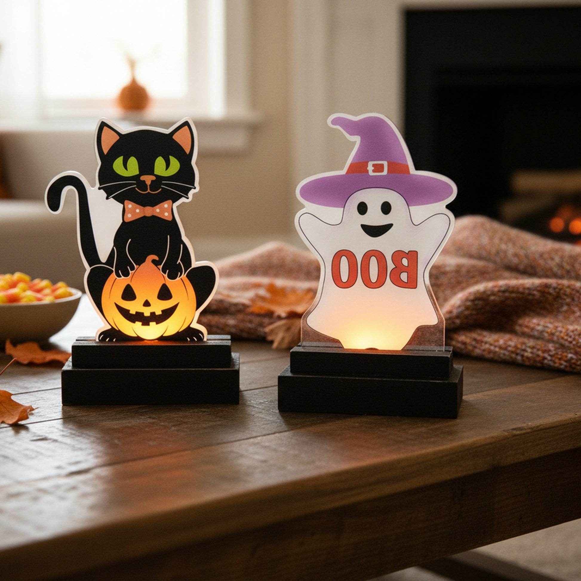 LED Acrylic Decor with Wood Base Cat and Ghost Assorted, Halloween, Holiday Decor- Set of 2