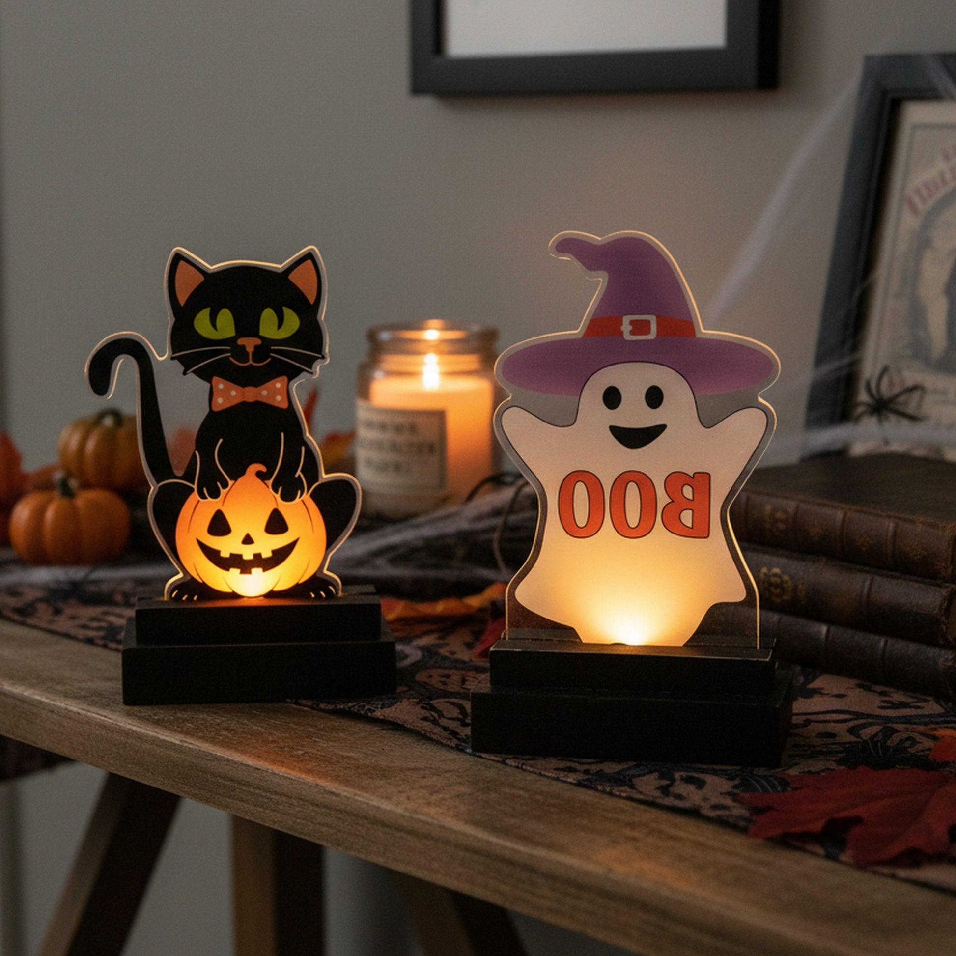 LED Acrylic Decor with Wood Base Cat and Ghost Assorted, Halloween, Holiday Decor- Set of 2