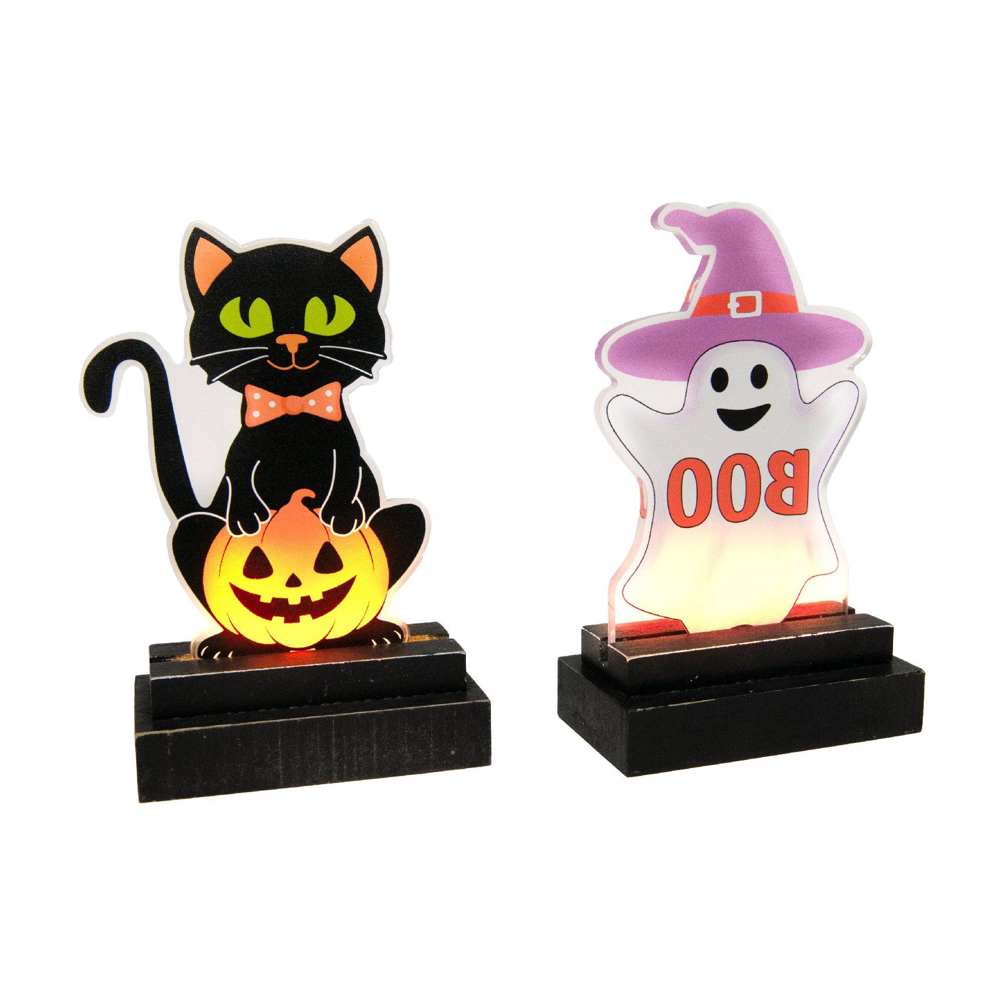LED Acrylic Decor with Wood Base Cat and Ghost Assorted, Halloween, Holiday Decor- Set of 2