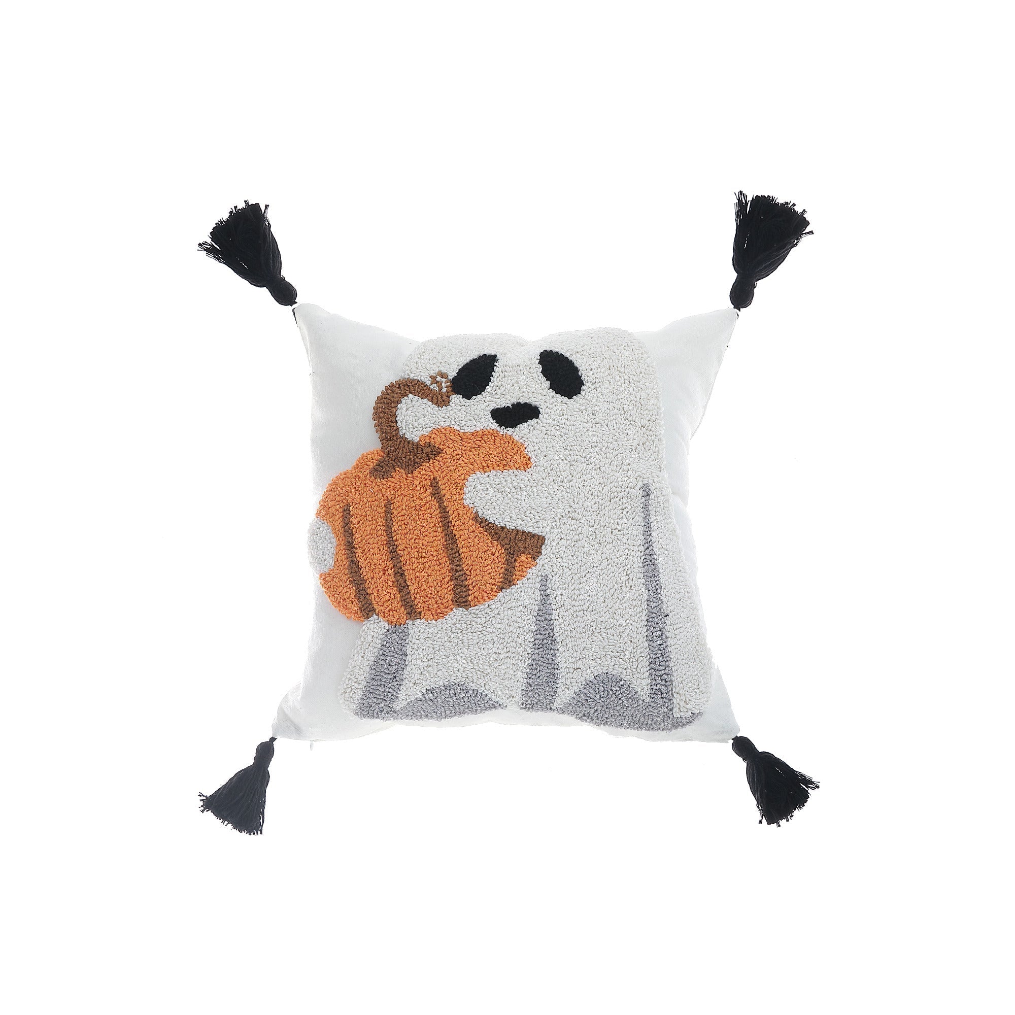 Cotton Embroidered Ghost with Pumpkin Cushion - Set of 2, Halloween Decor, Autumn Pillow, Seasonal Accent