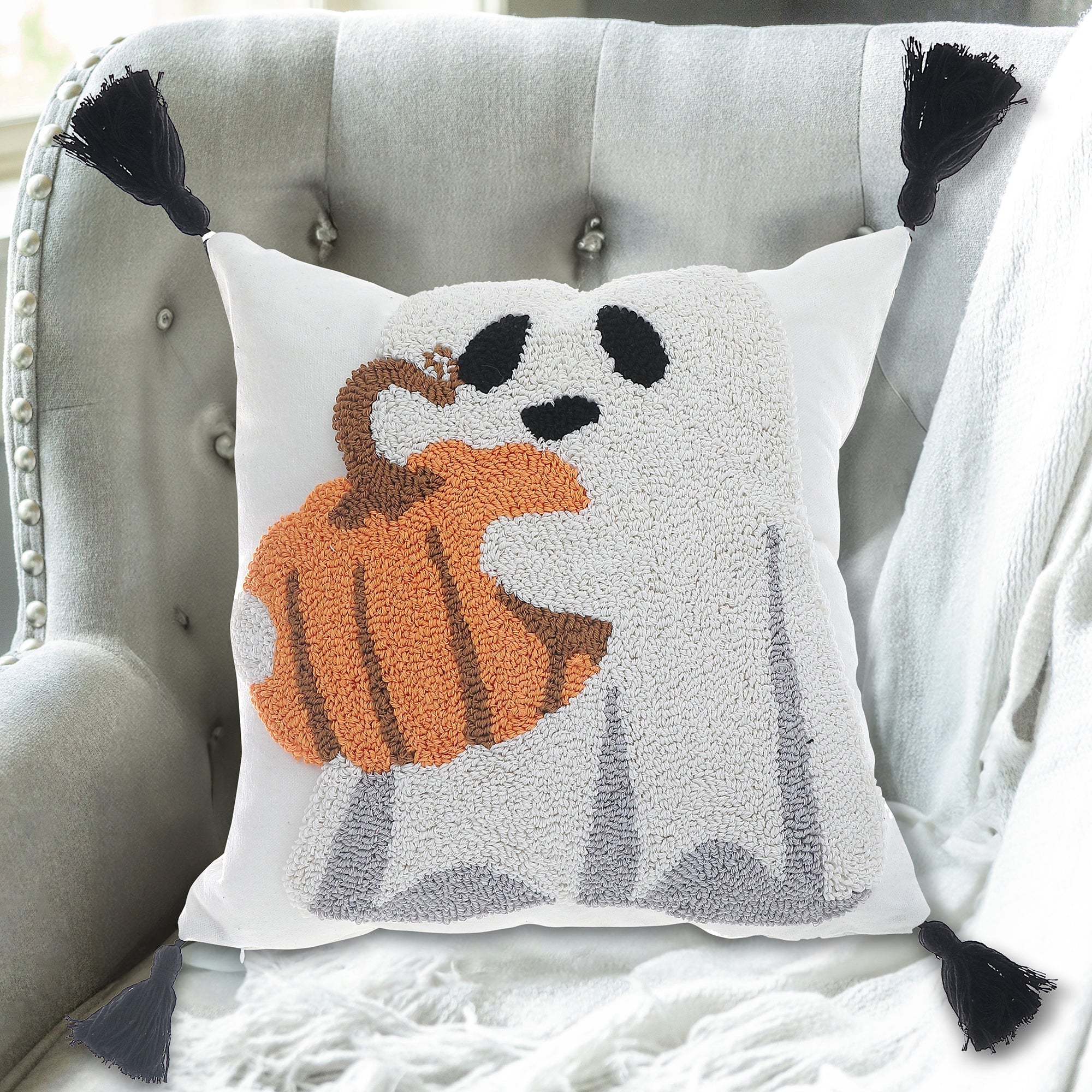 Cotton Embroidered Ghost with Pumpkin Cushion - Set of 2, Halloween Decor, Autumn Pillow, Seasonal Accent