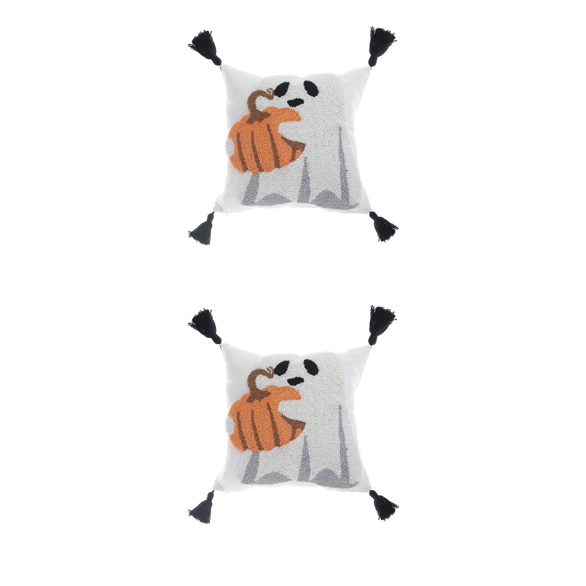 Cotton Embroidered Ghost with Pumpkin Cushion - Set of 2, Halloween Decor, Autumn Pillow, Seasonal Accent