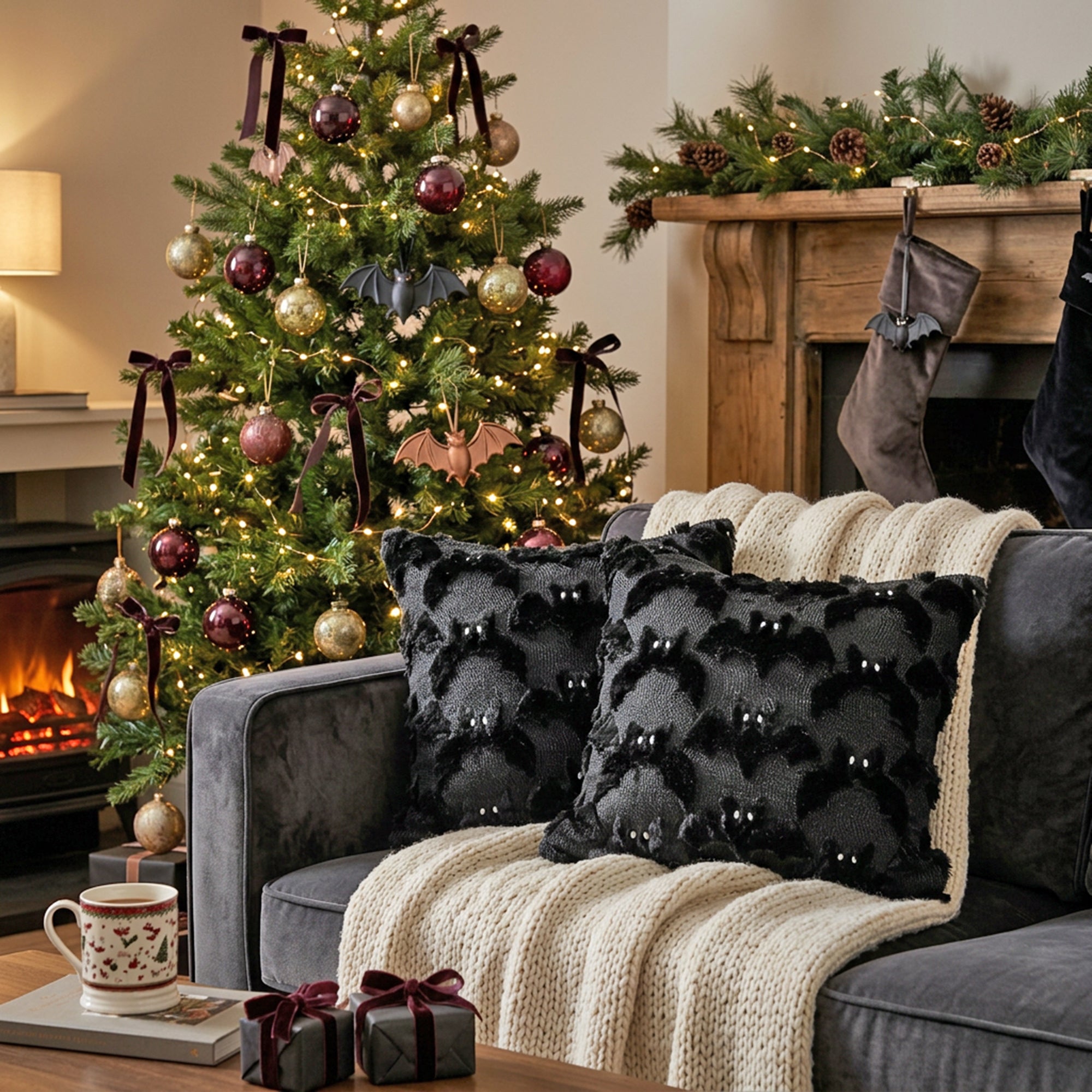Polyester Fleece Embroidered Cushion Bats, Throw Pillow, Holiday Decor- Set of 2