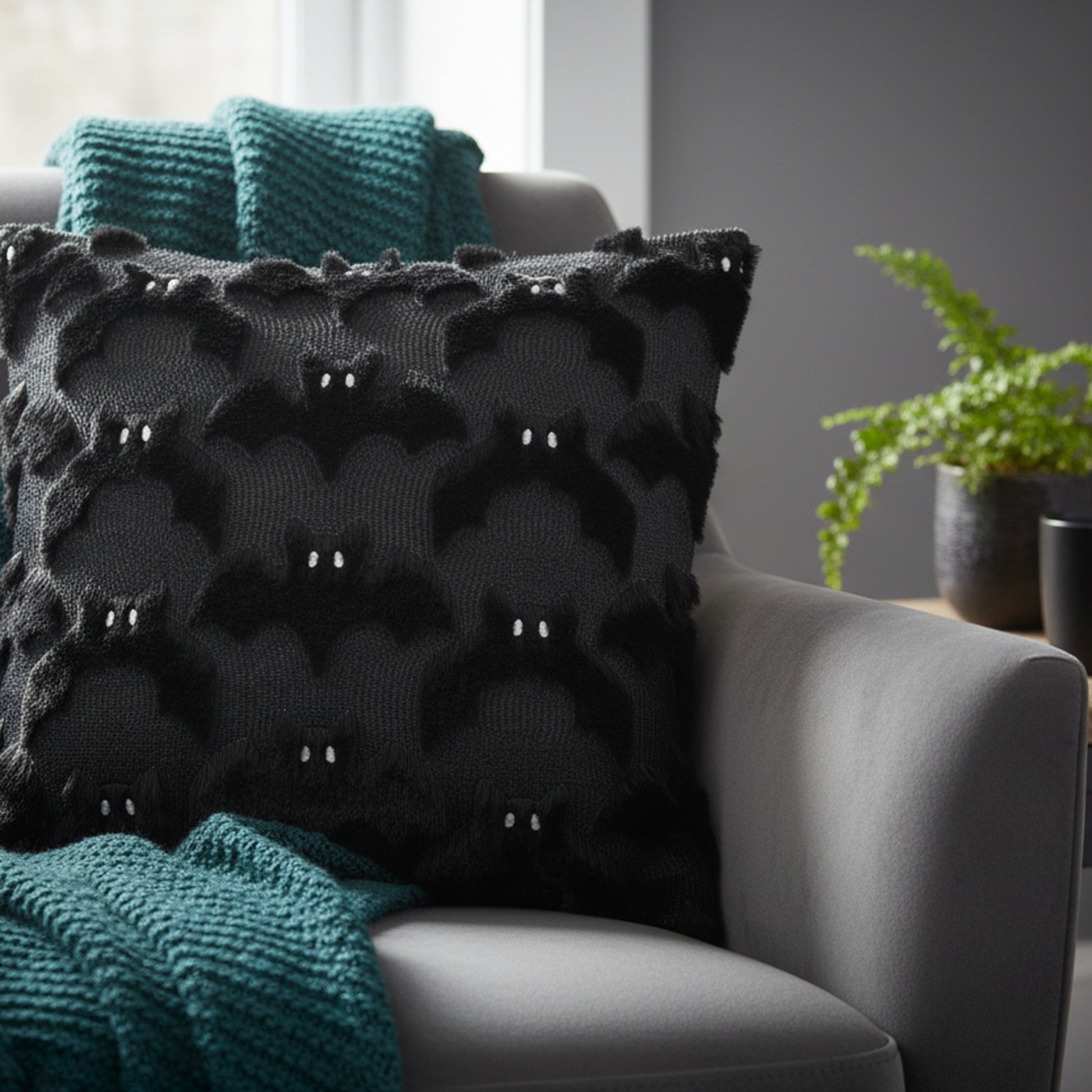 Polyester Fleece Embroidered Cushion Bats, Throw Pillow, Holiday Decor- Set of 2