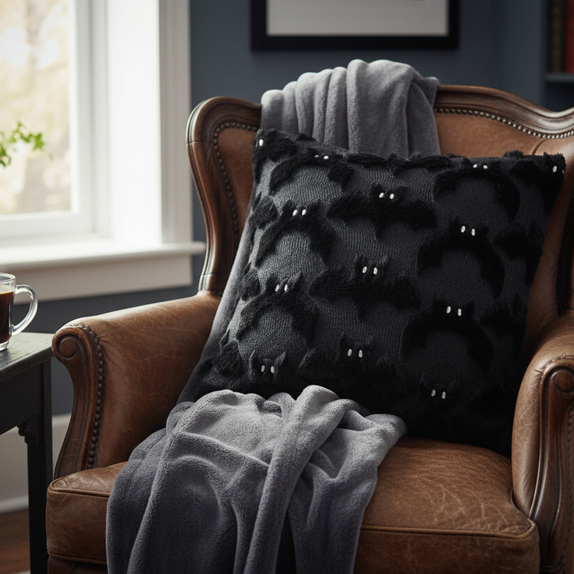 Polyester Fleece Embroidered Cushion Bats, Throw Pillow, Holiday Decor- Set of 2