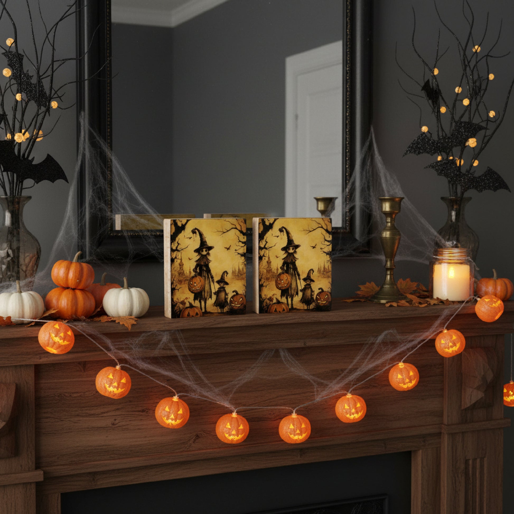 Print Block Halloween Witch & Pumpkin, Halloween, Holiday Decor- Set of 2