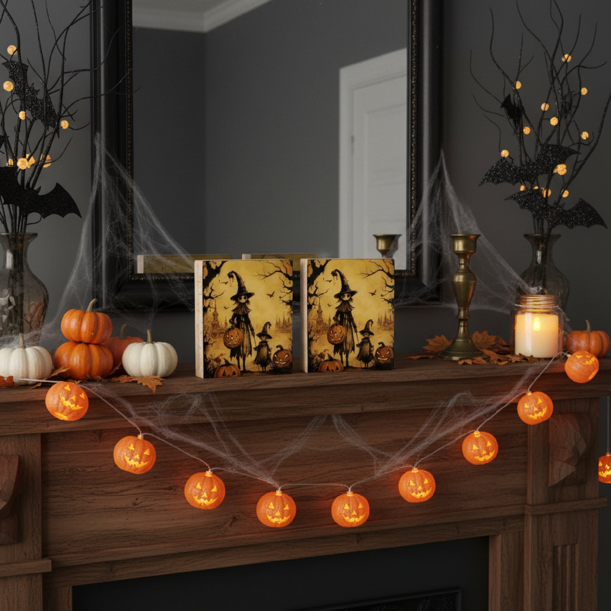 Print Block Halloween Witch & Pumpkin, Halloween, Holiday Decor- Set of 2