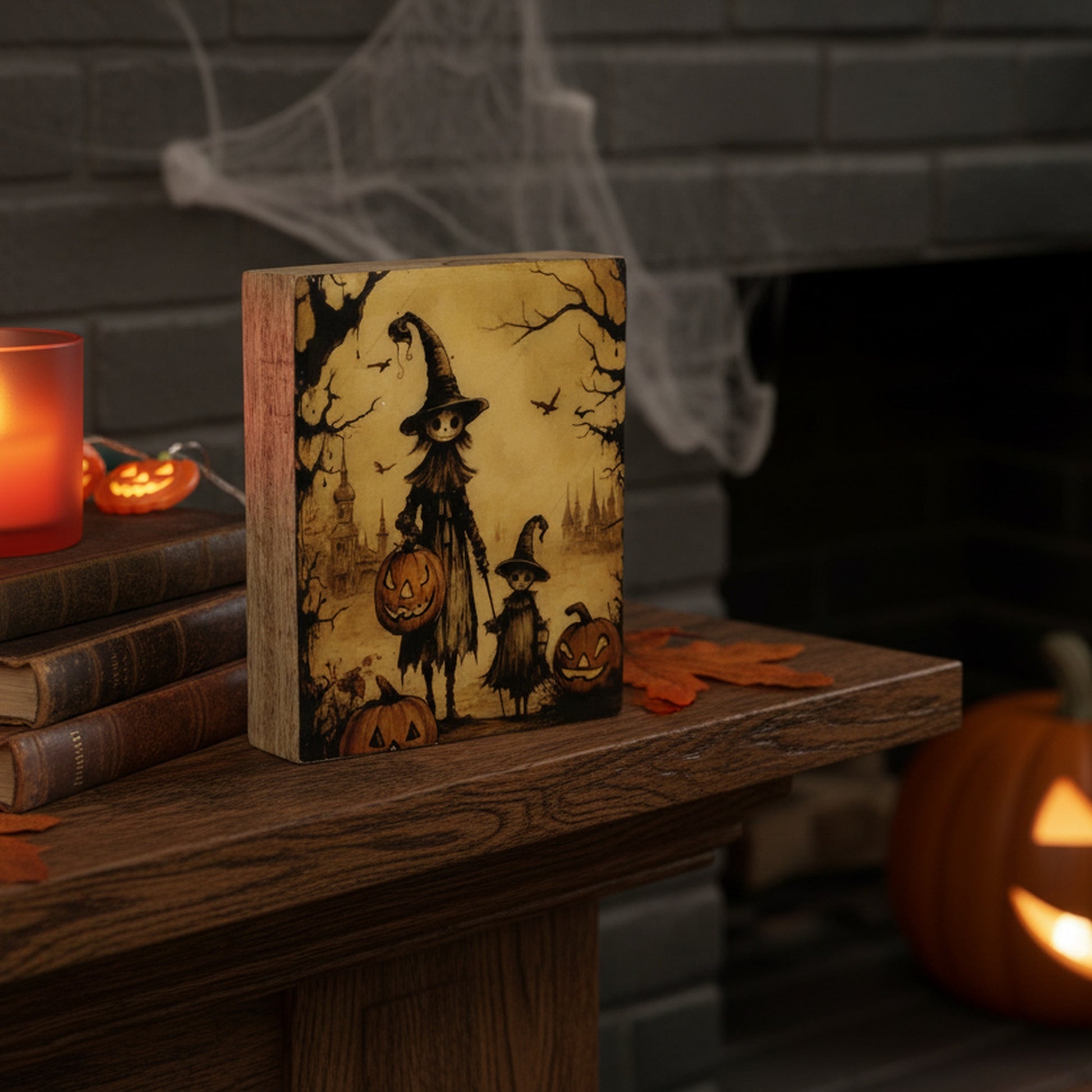 Print Block Halloween Witch & Pumpkin, Halloween, Holiday Decor- Set of 2