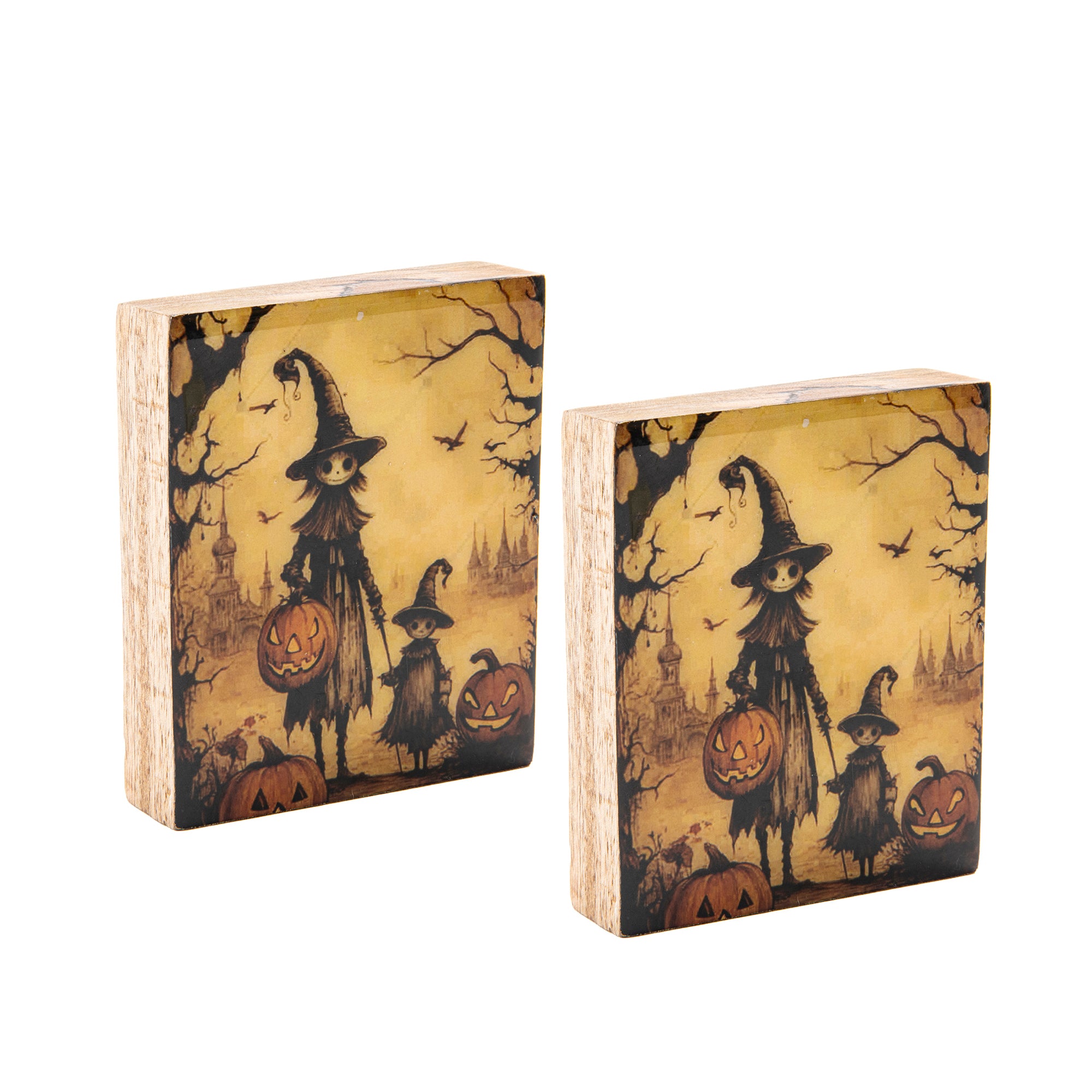 Print Block Halloween Witch & Pumpkin, Halloween, Holiday Decor- Set of 2