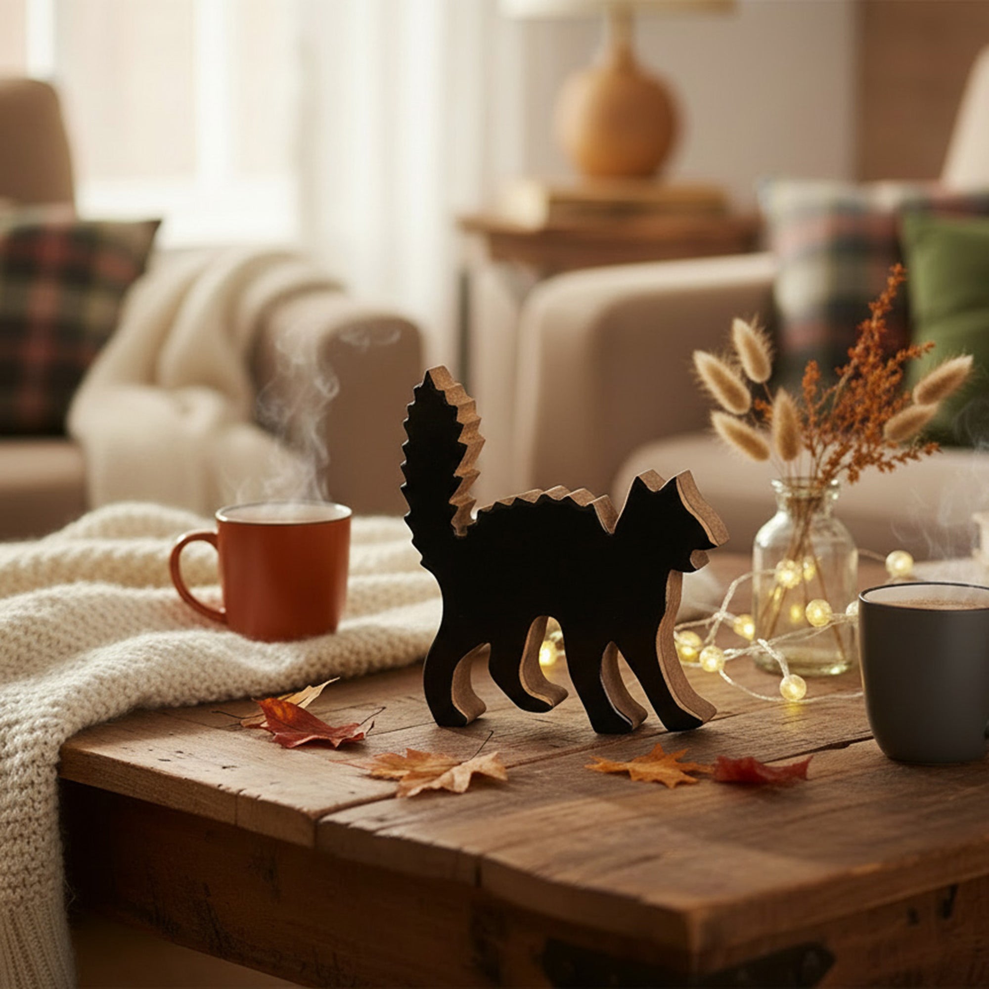 Wood Carved Halloween Black Cat, Halloween, Holiday Decor