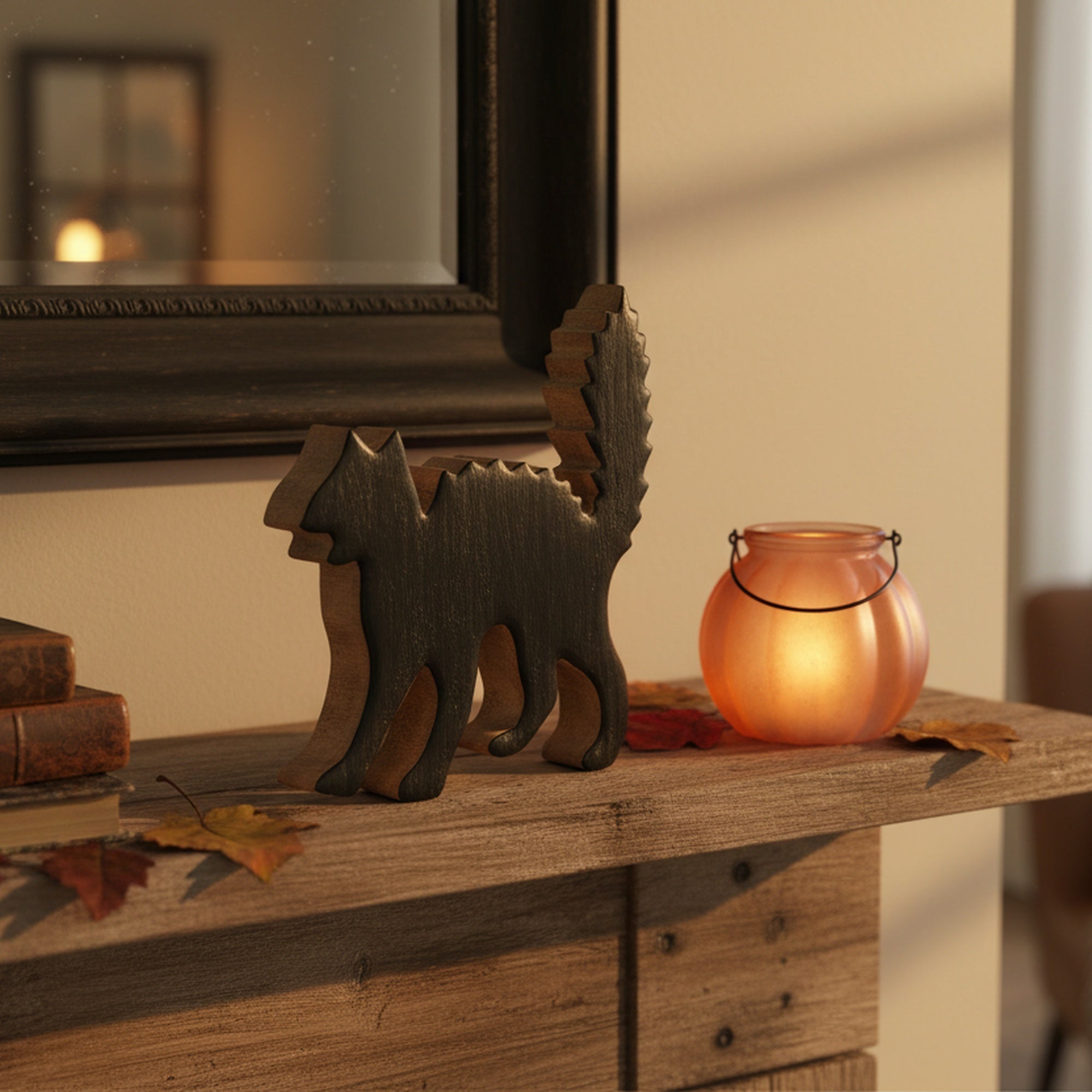 Wood Carved Halloween Black Cat, Halloween, Holiday Decor