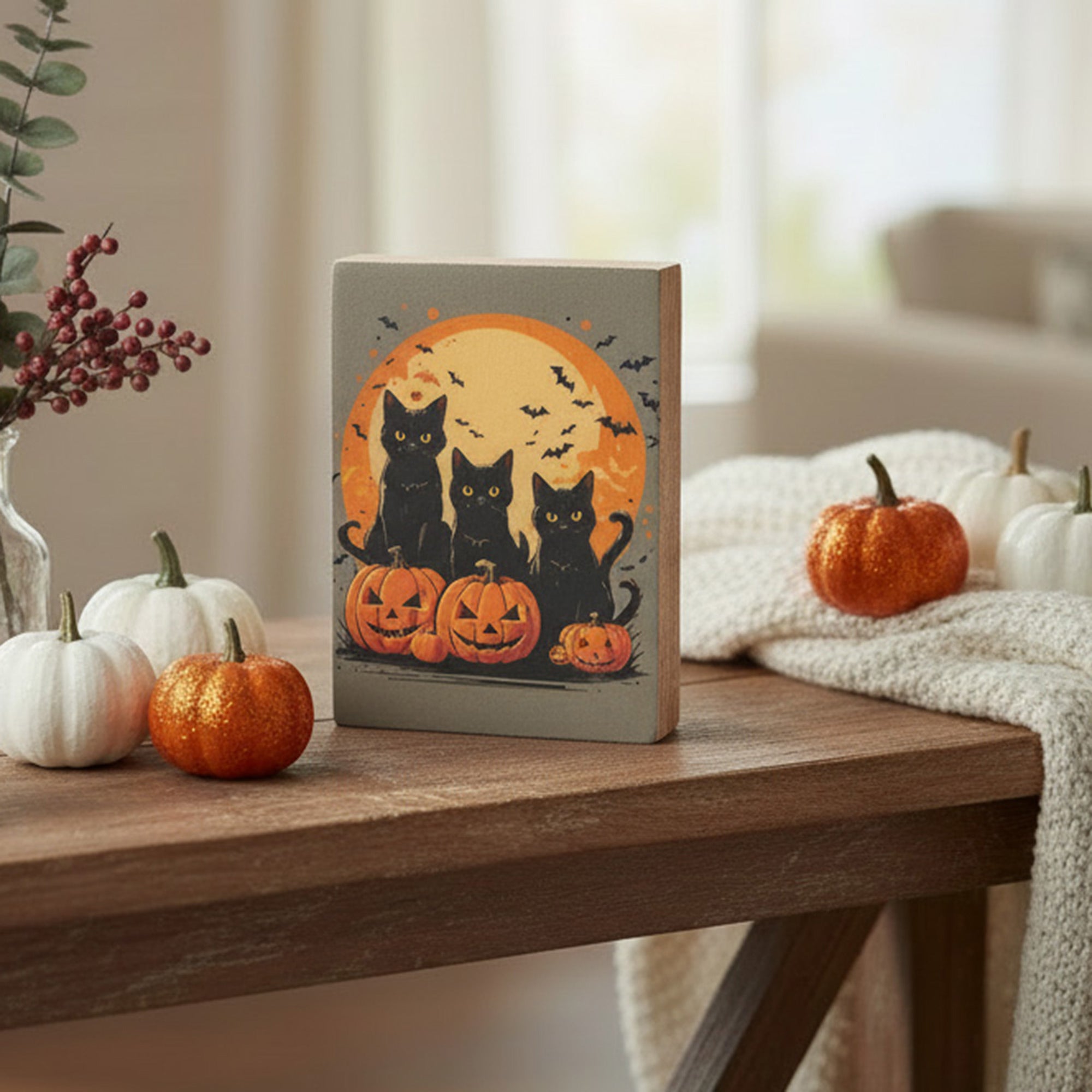 Print Block Halloween Cat & Pumpkin, Halloween, Holiday Decor