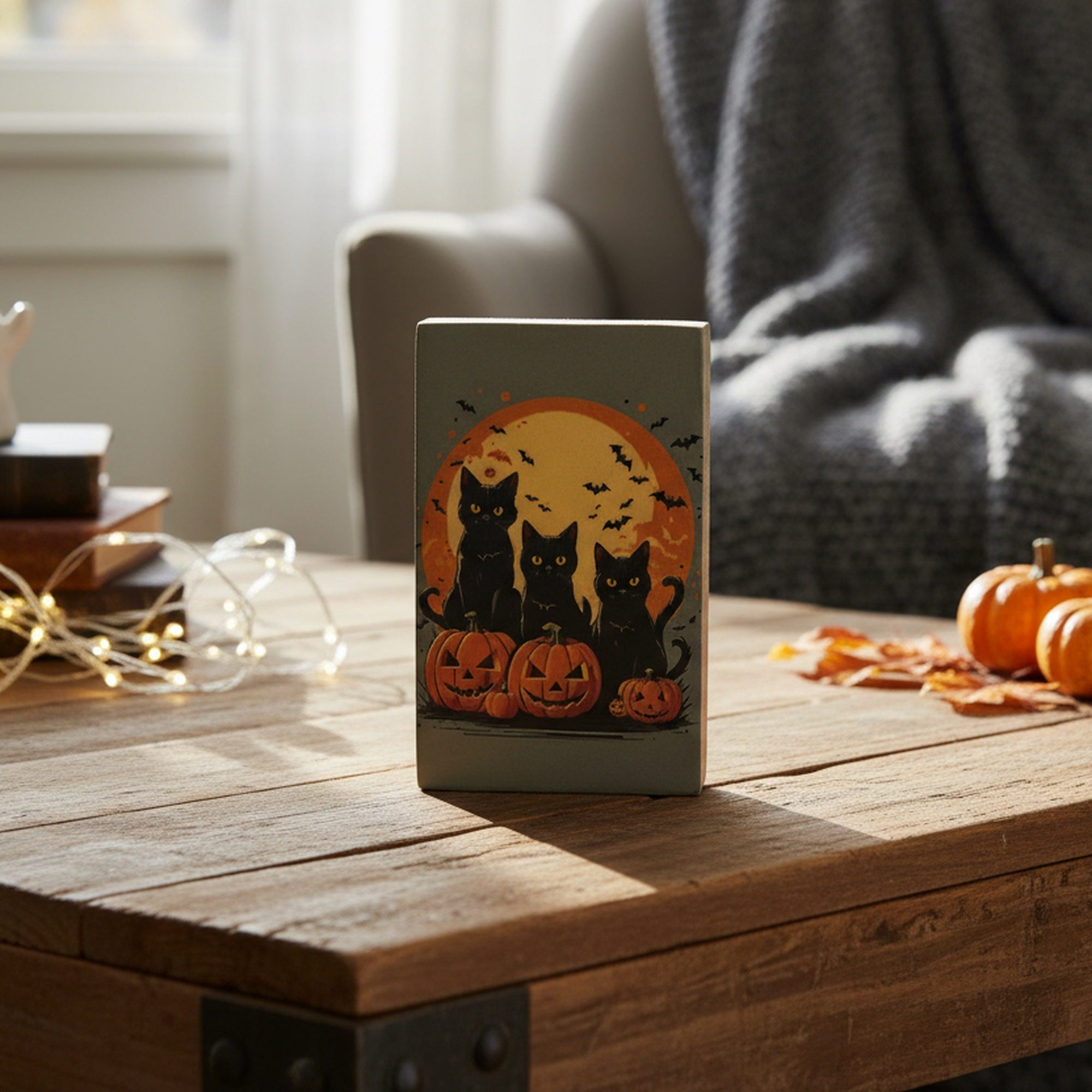 Print Block Halloween Cat & Pumpkin, Halloween, Holiday Decor