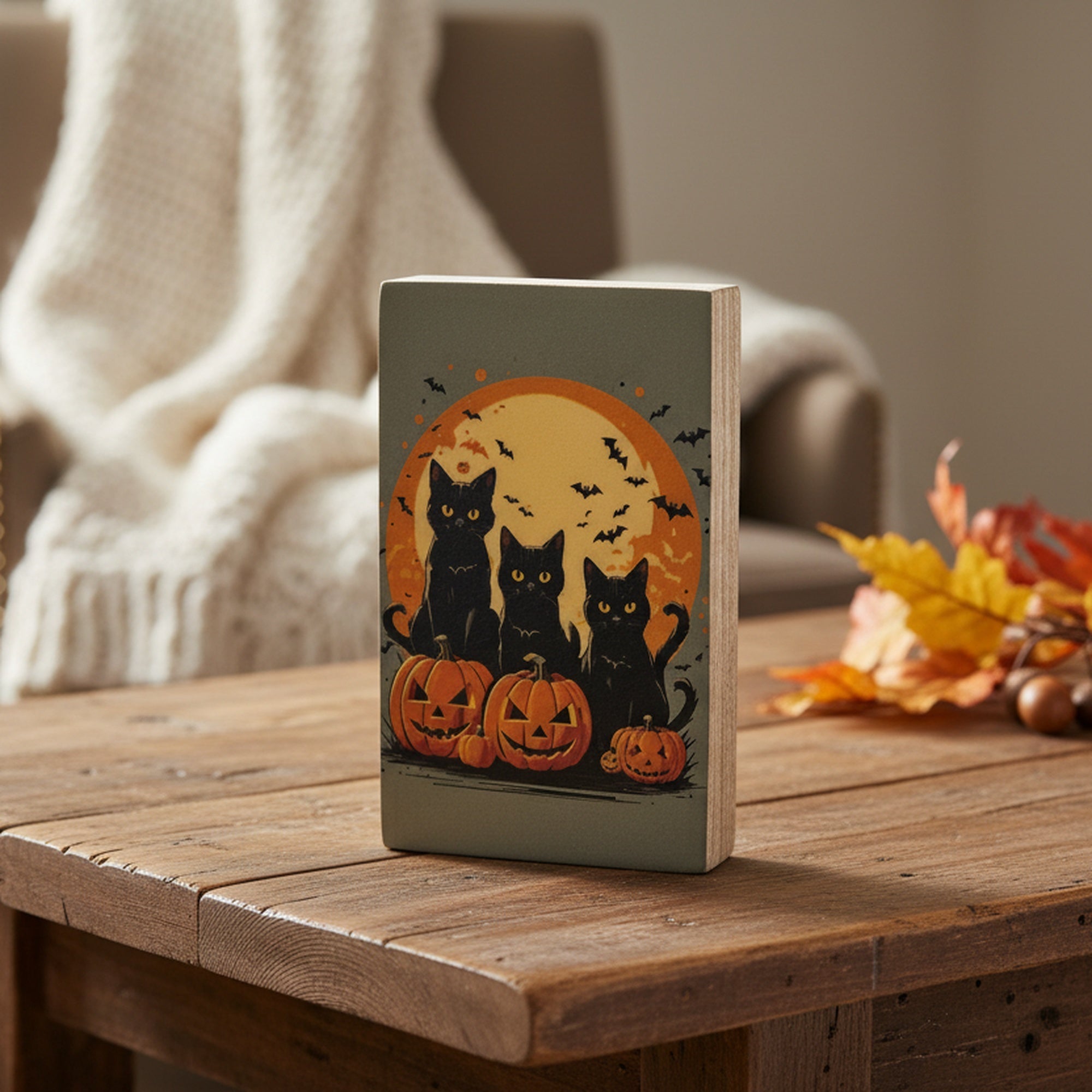Print Block Halloween Cat & Pumpkin, Halloween, Holiday Decor