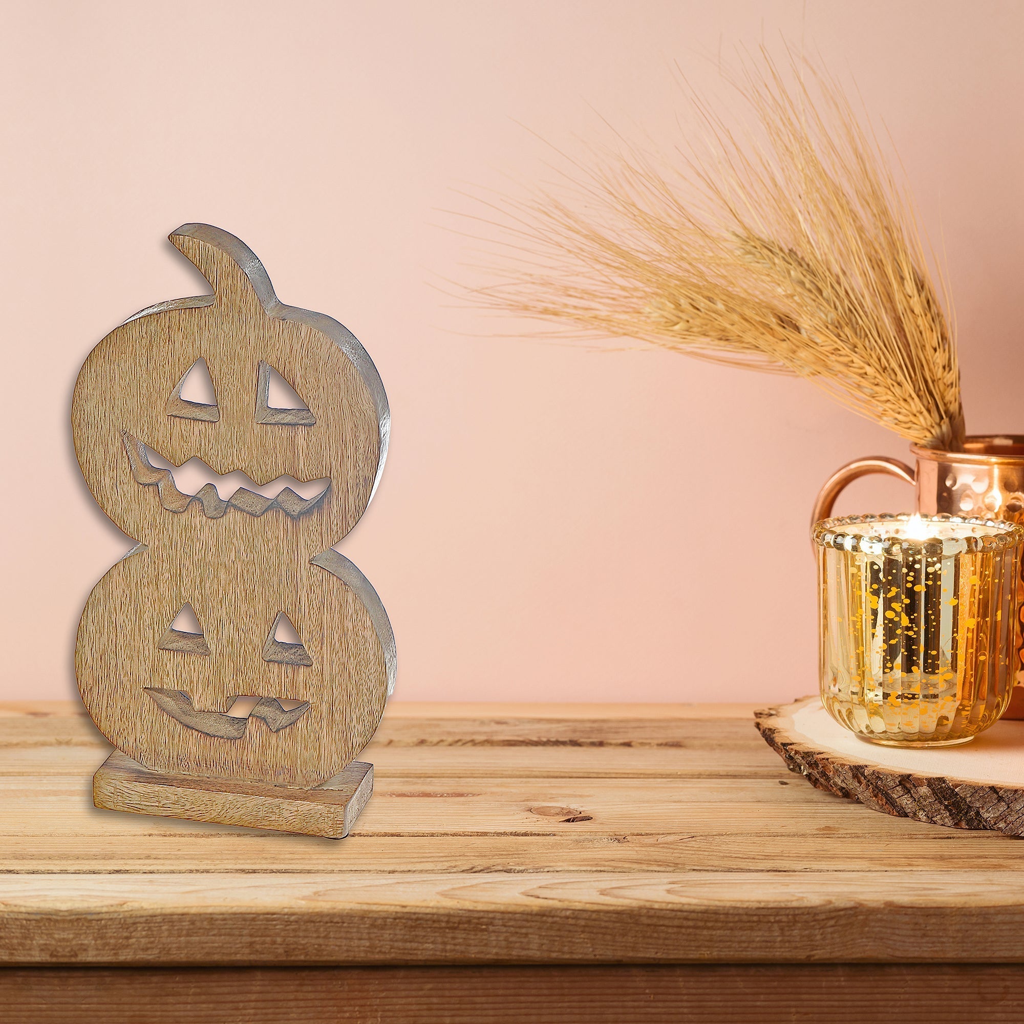 Wood Carved Double Jack-O-Lantern Decor – Halloween Tabletop Decoration, Fall Accent, Festive Seasonal Decor