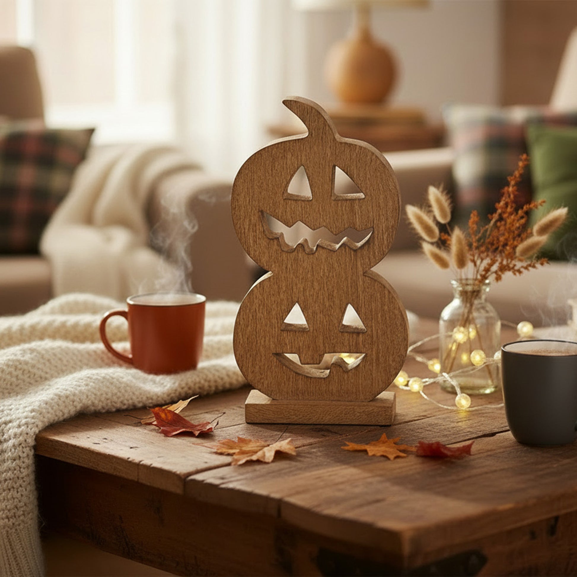 Wood Carved Double Jack-o'-Lantern Decor, Lantern, Holiday Decor