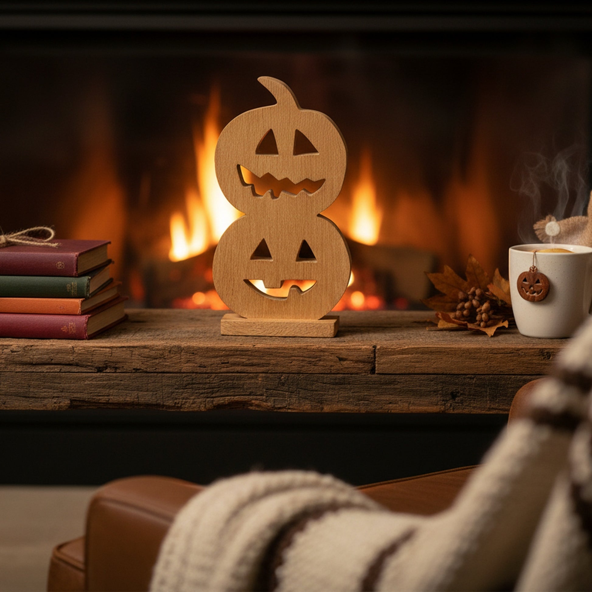 Wood Carved Double Jack-o'-Lantern Decor, Lantern, Holiday Decor