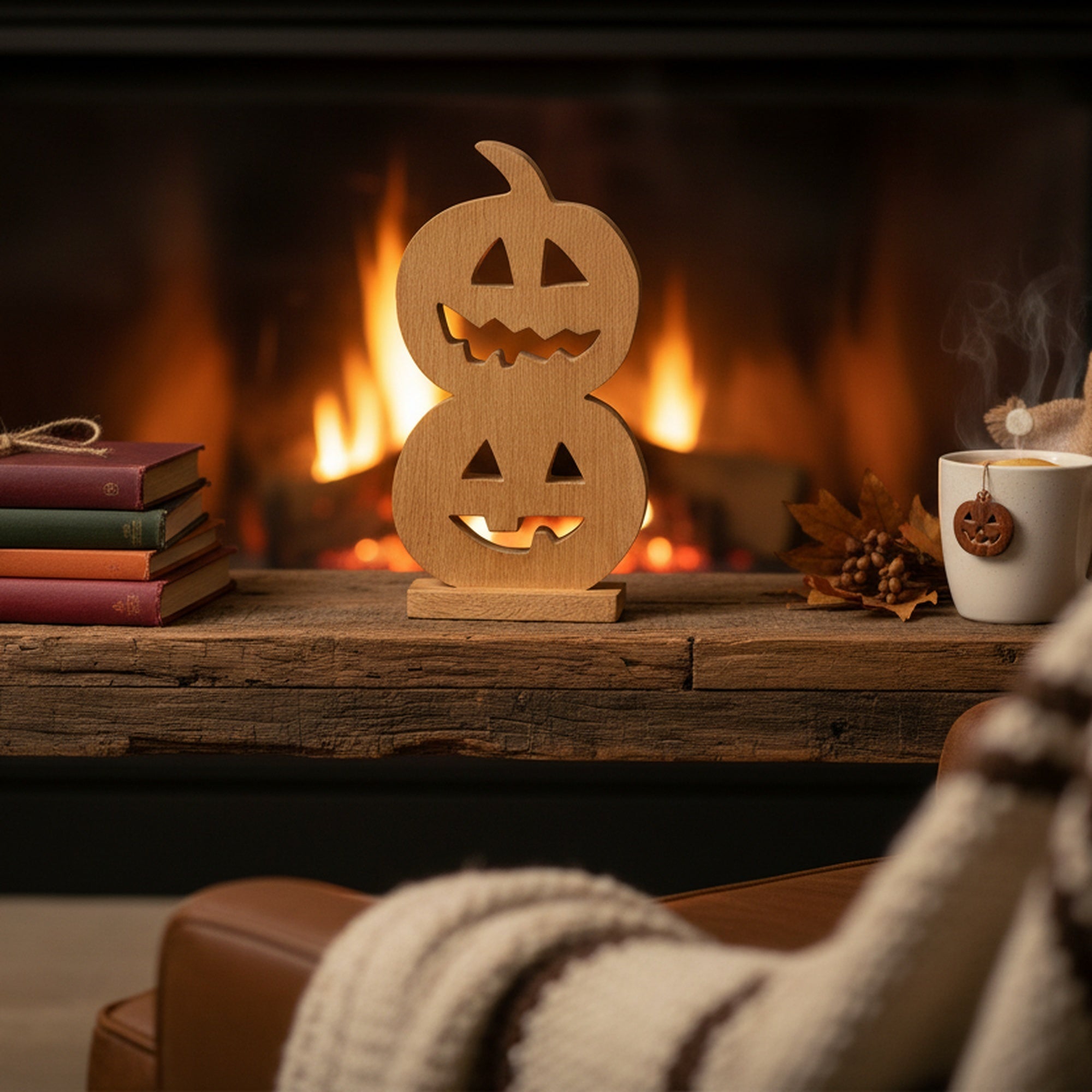 Wood Carved Double Jack-o'-Lantern Decor, Lantern, Holiday Decor