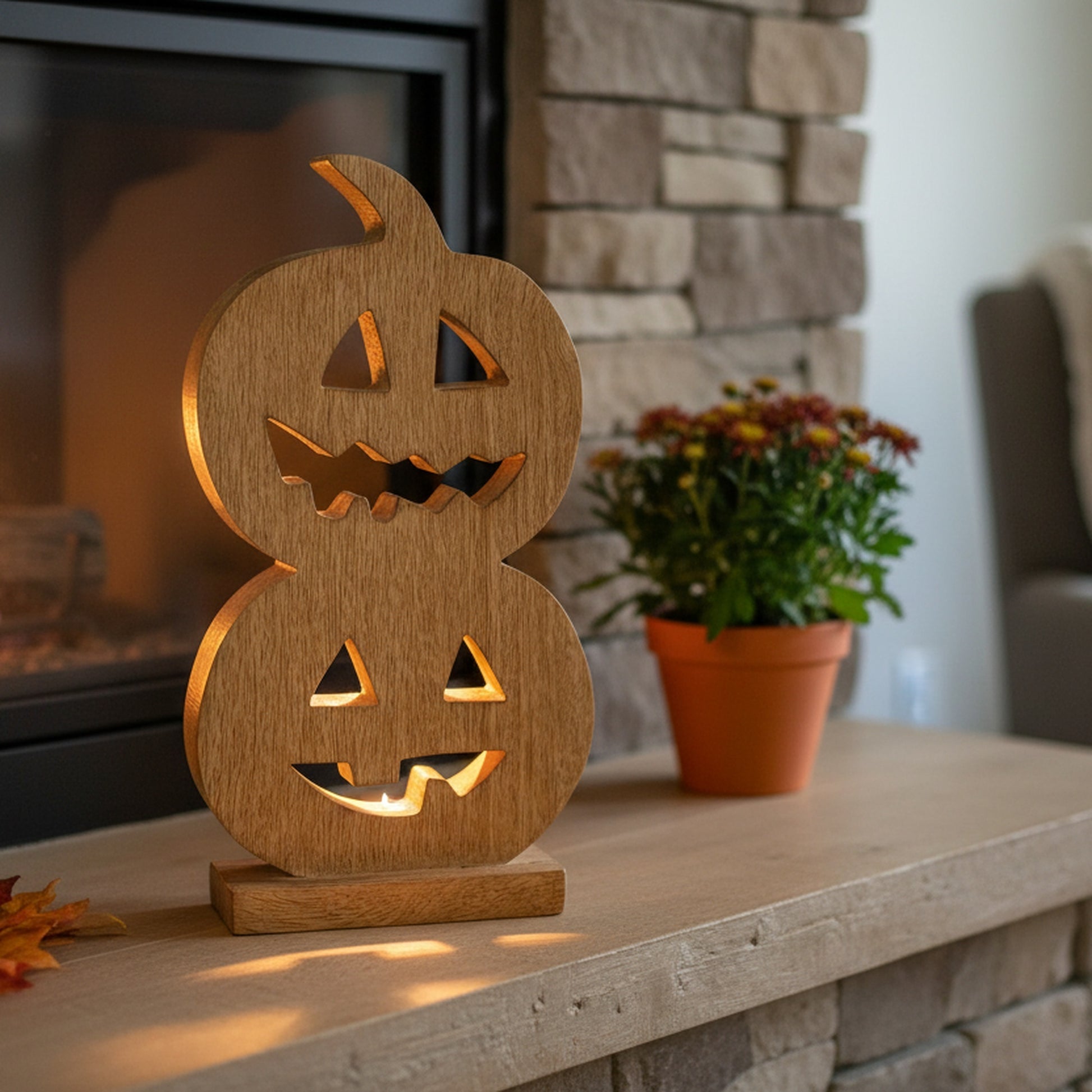 Wood Carved Double Jack-o'-Lantern Decor, Lantern, Holiday Decor
