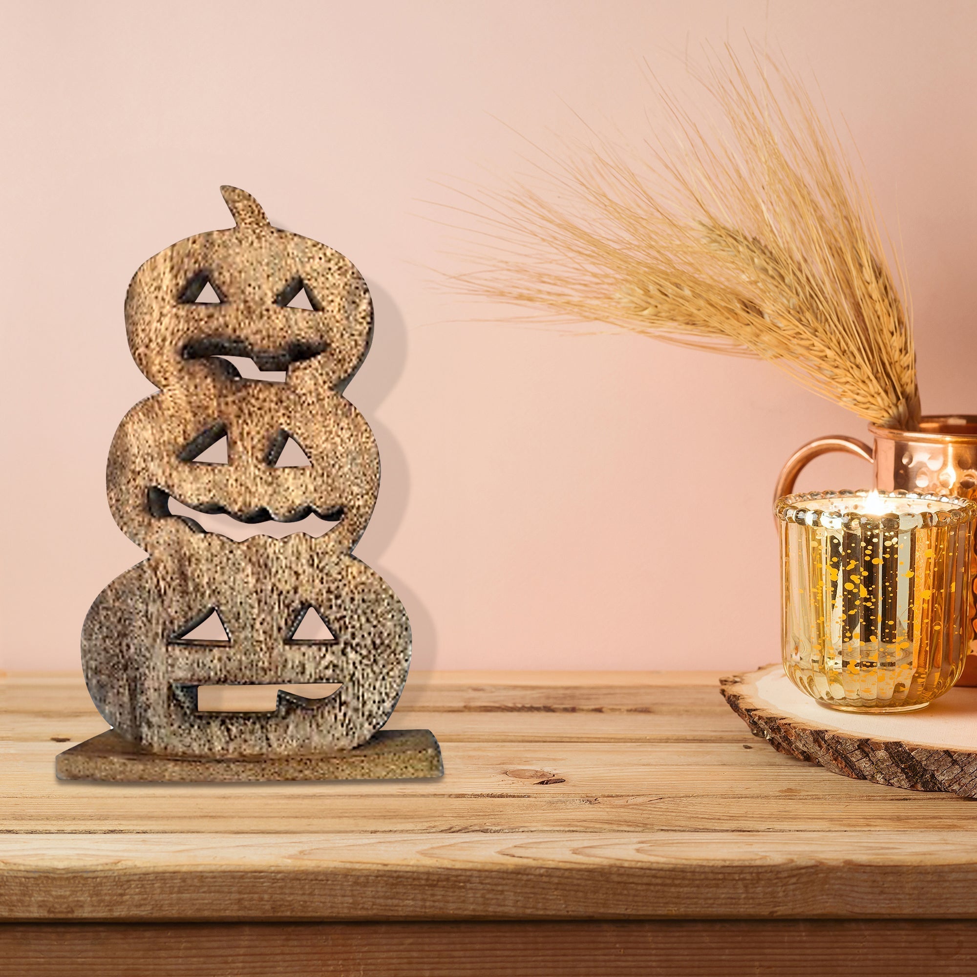 Wood Carved Triple Jack-O-Lantern Decor – Halloween Tabletop Decoration, Fall Accent, Festive Seasonal Decor