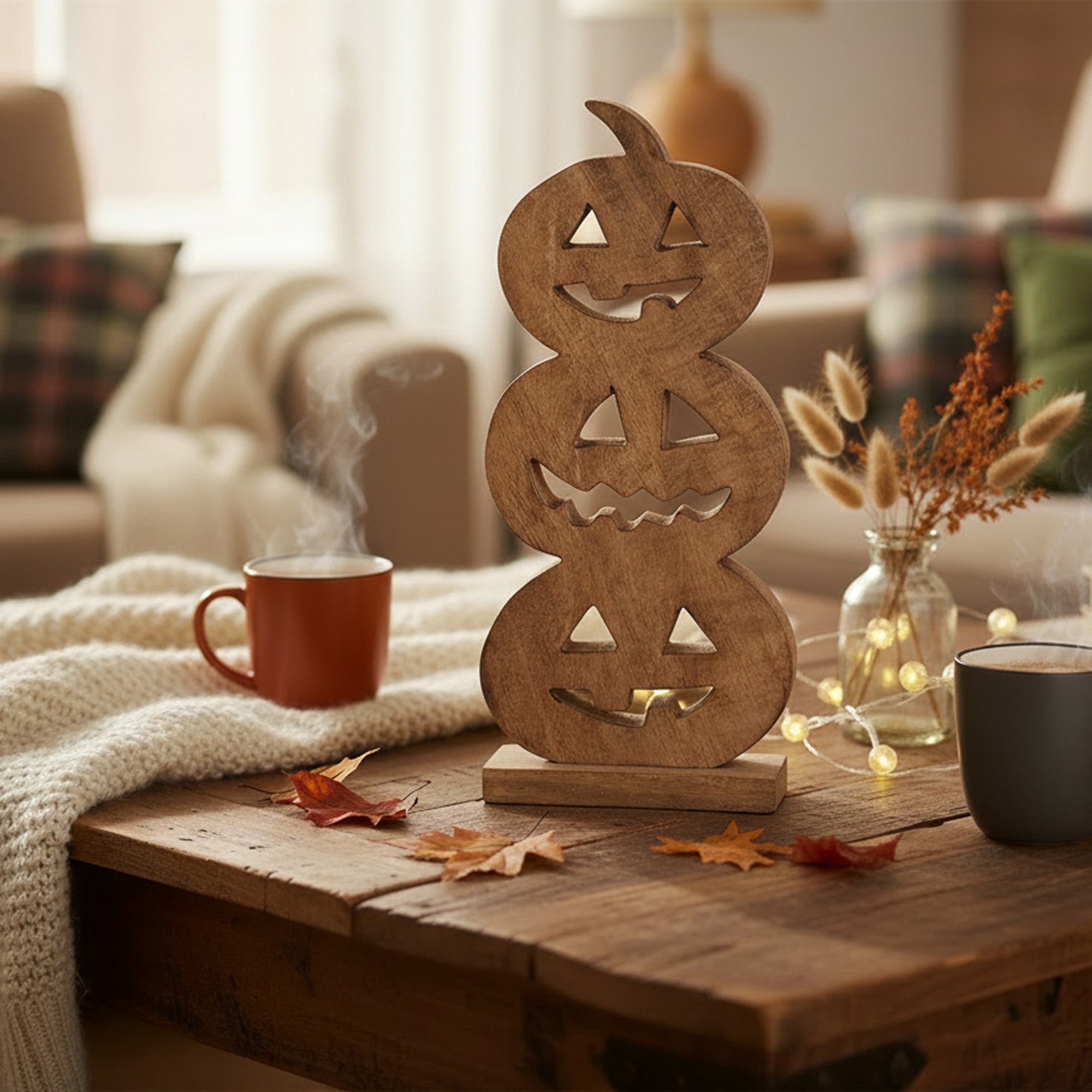 Wood Carved Triple Jack-o'-Lantern Decor, Lantern, Holiday Decor