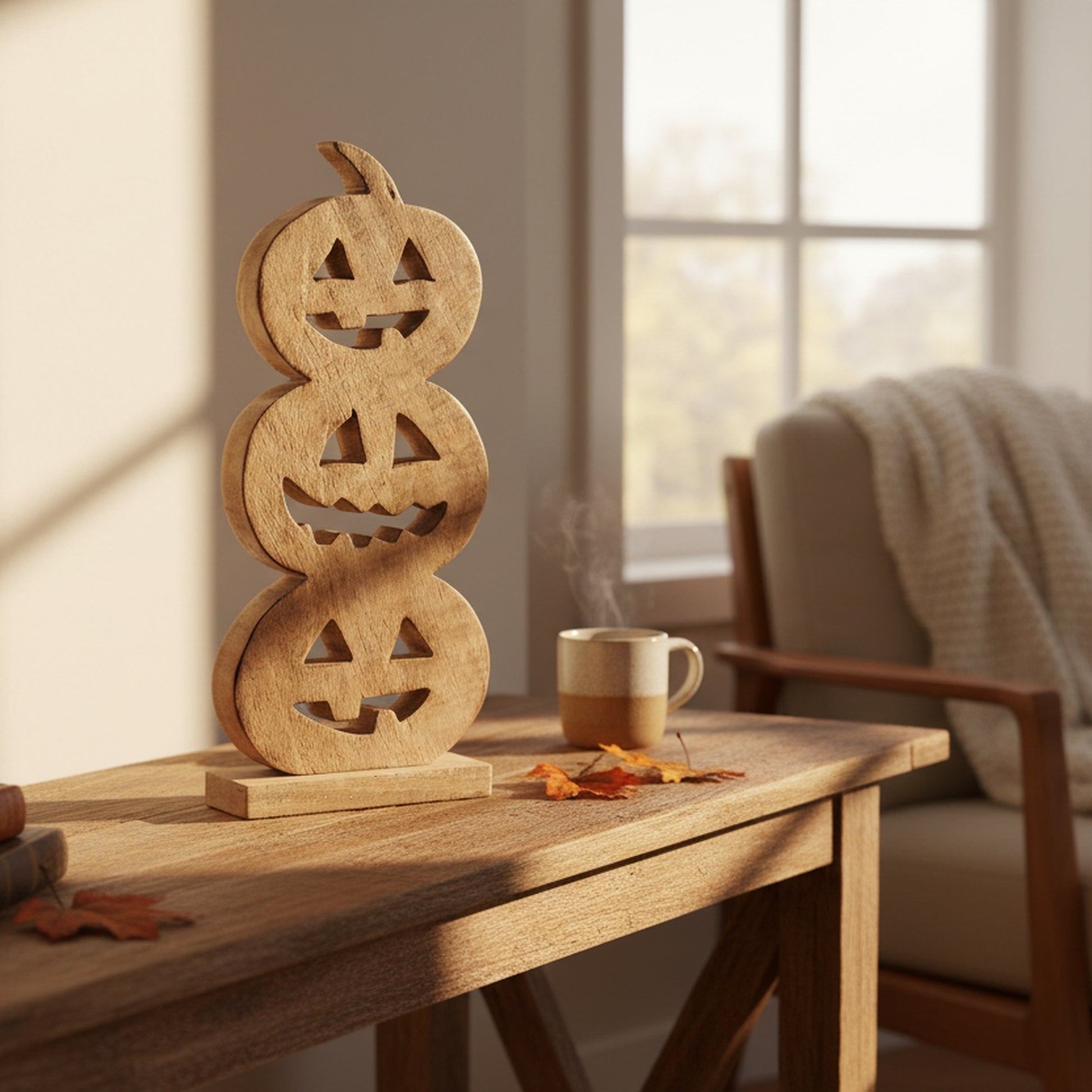 Wood Carved Triple Jack-o'-Lantern Decor, Lantern, Holiday Decor